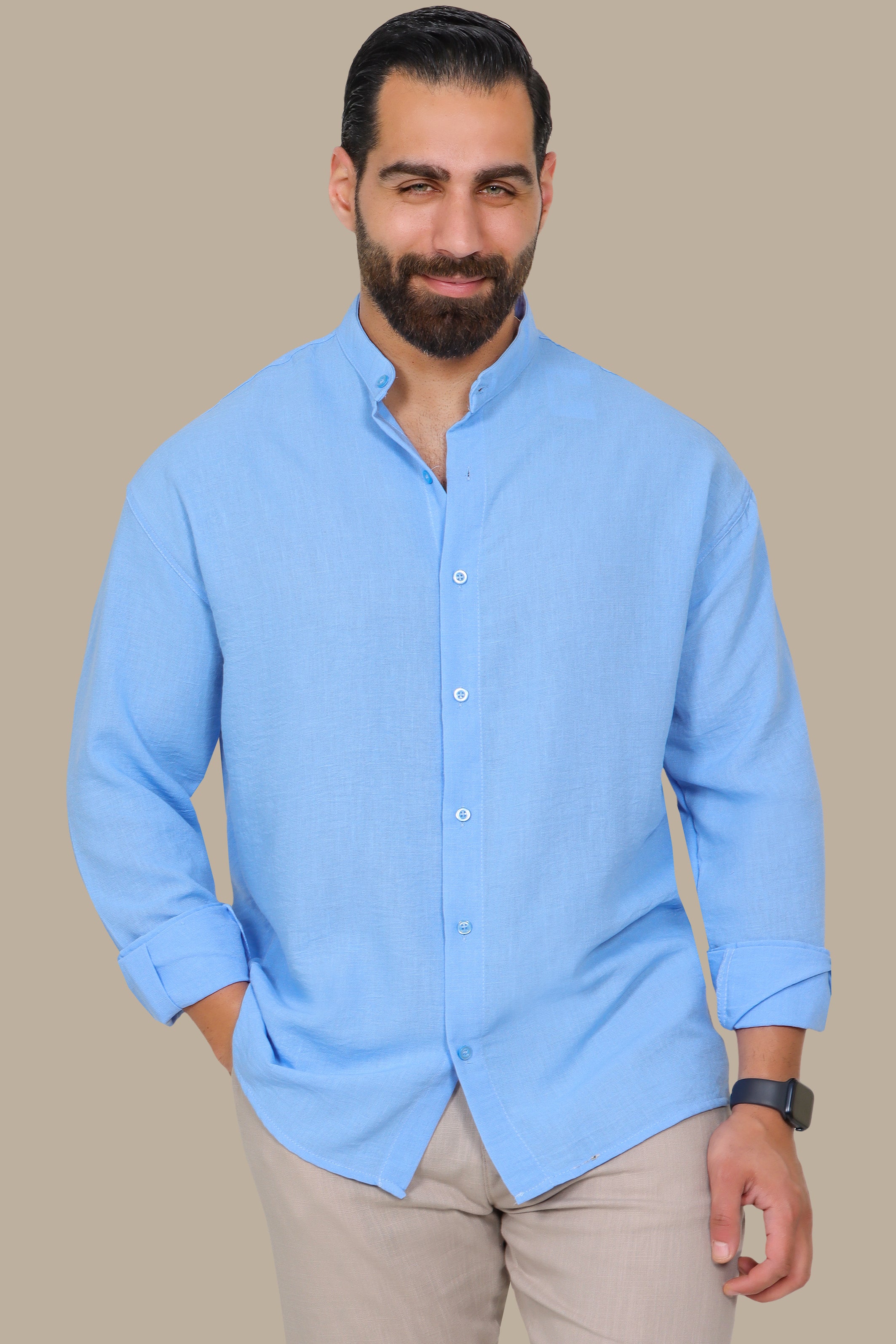 Light Blue Linen Shirt with Mao Collar