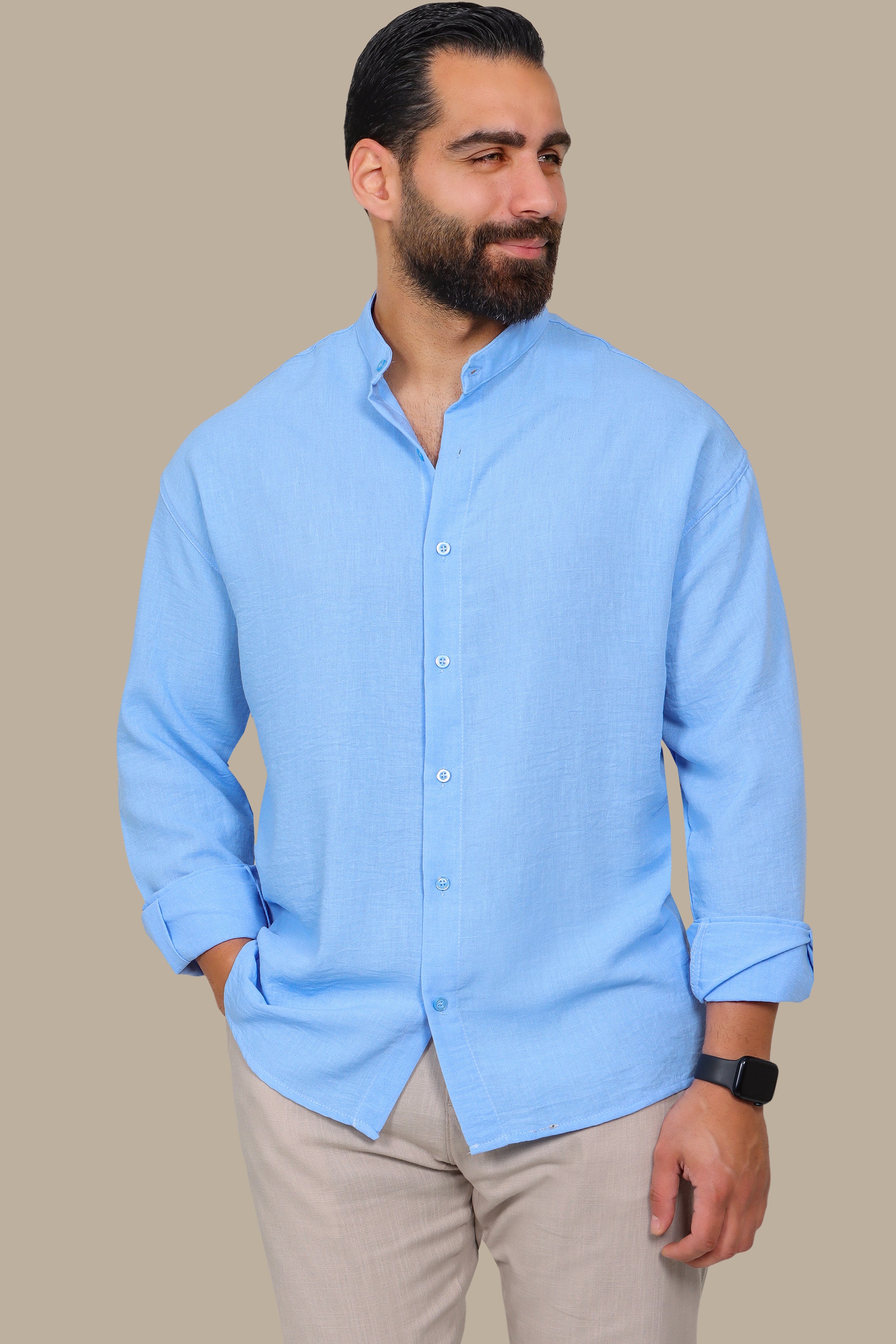 Light Blue Linen Shirt with Mao Collar