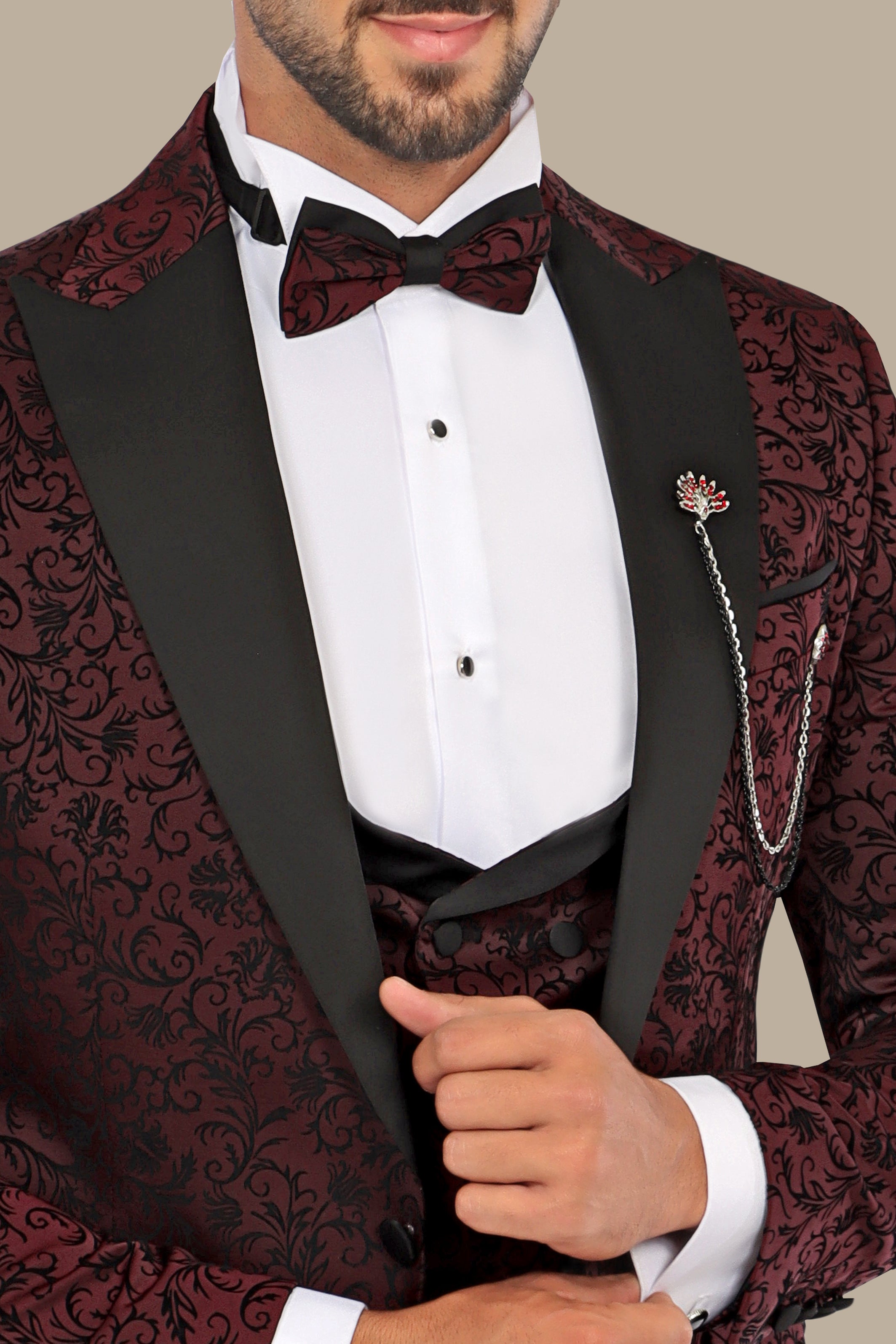 Burgundy Jacquard Leaf Tuxedo – 4 Piece Set