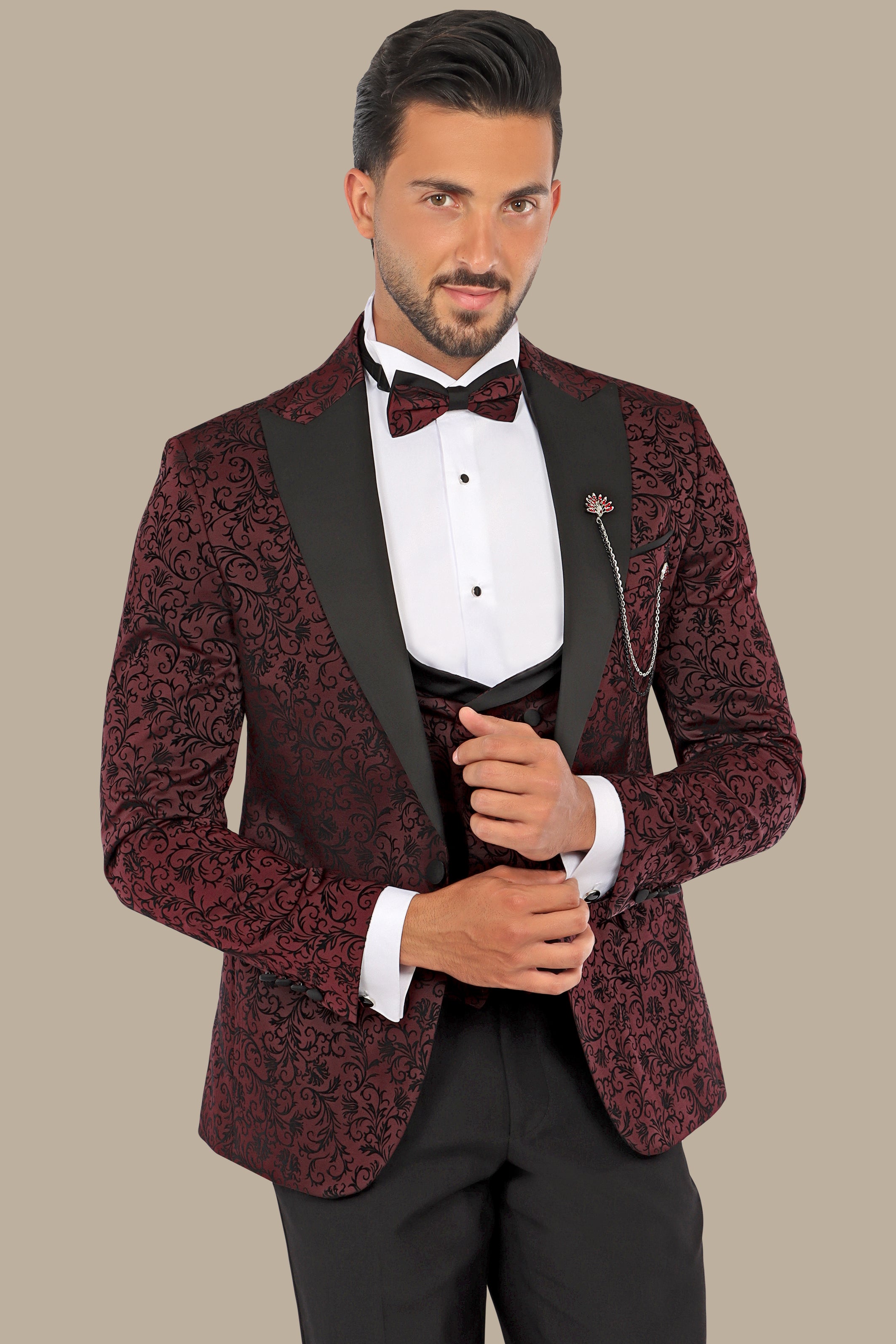 Burgundy Jacquard Leaf Tuxedo – 4 Piece Set