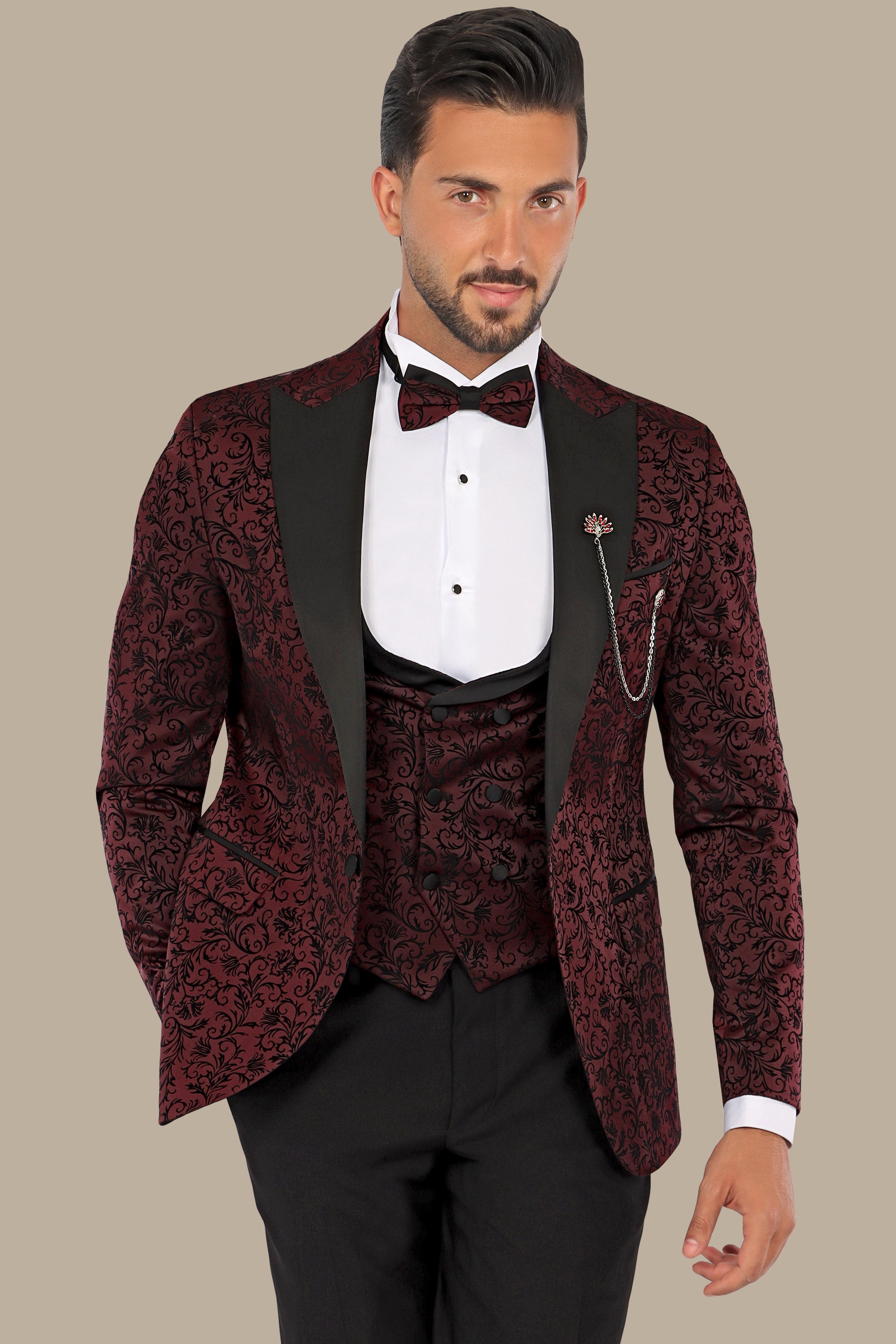 Burgundy Jacquard Leaf Tuxedo – 4 Piece Set