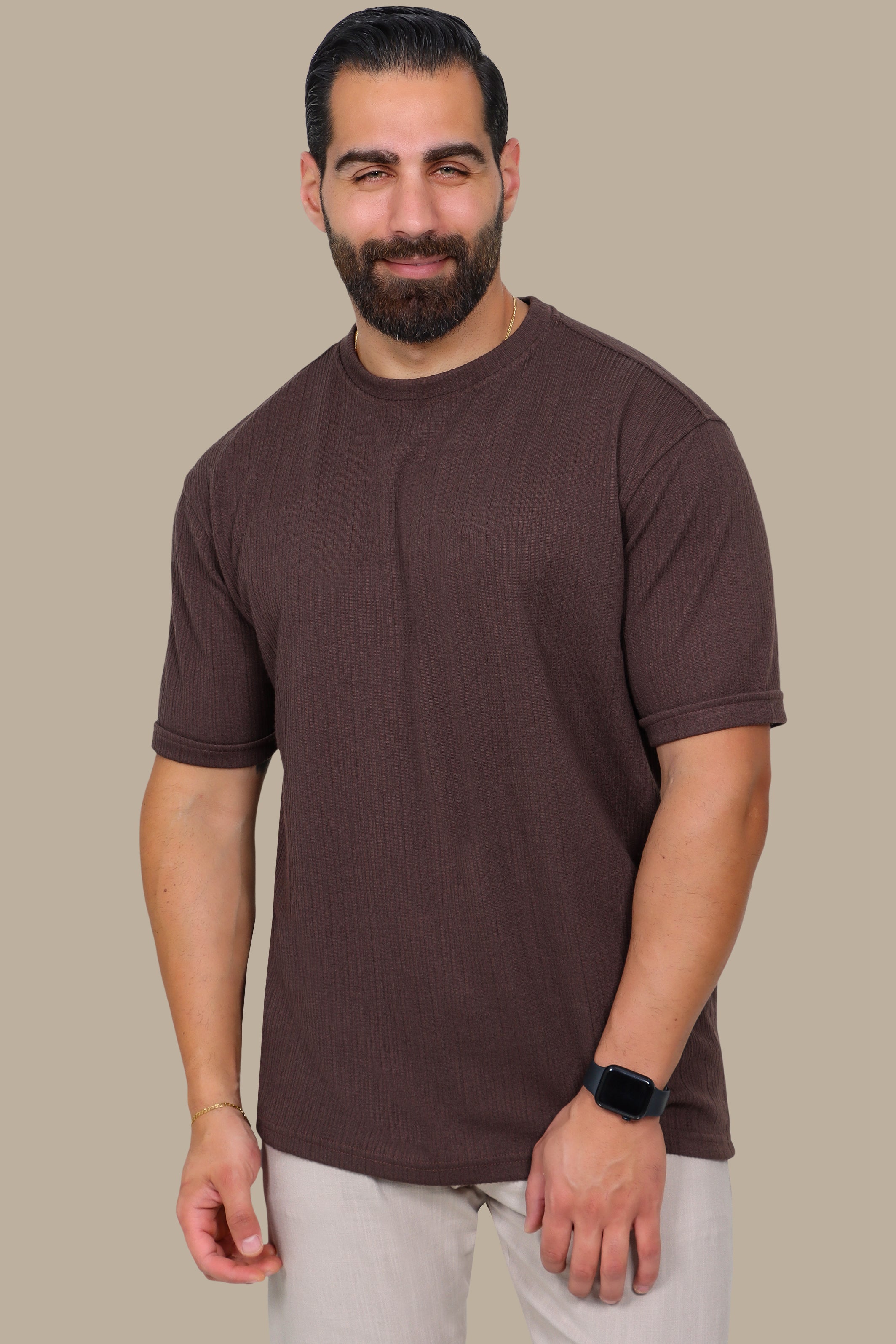Brown Ribbed Structured Round Neck T-Shirt