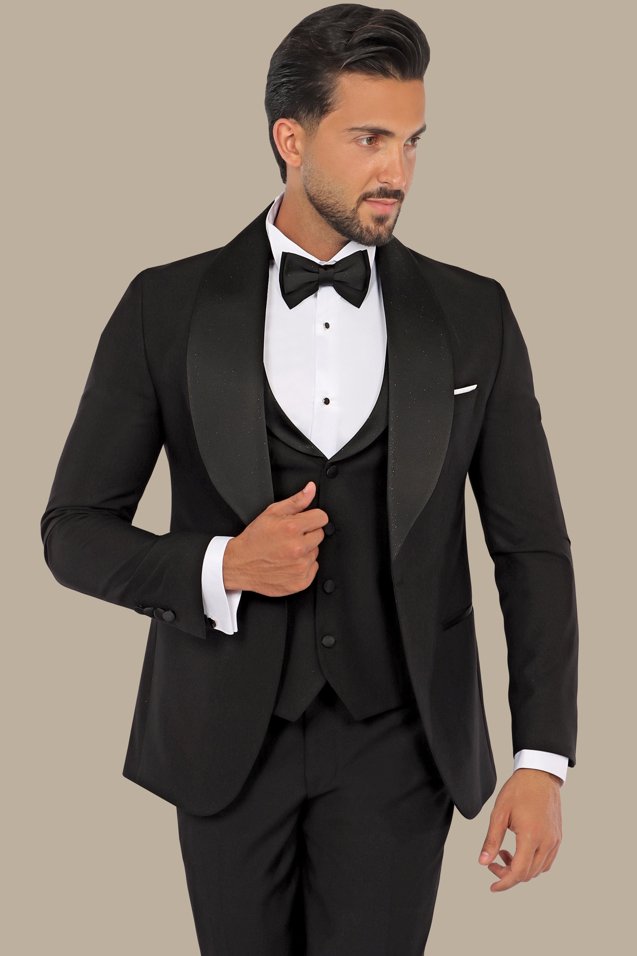 Black Glitter Wide Collar Tuxedo - 4 Piece Set