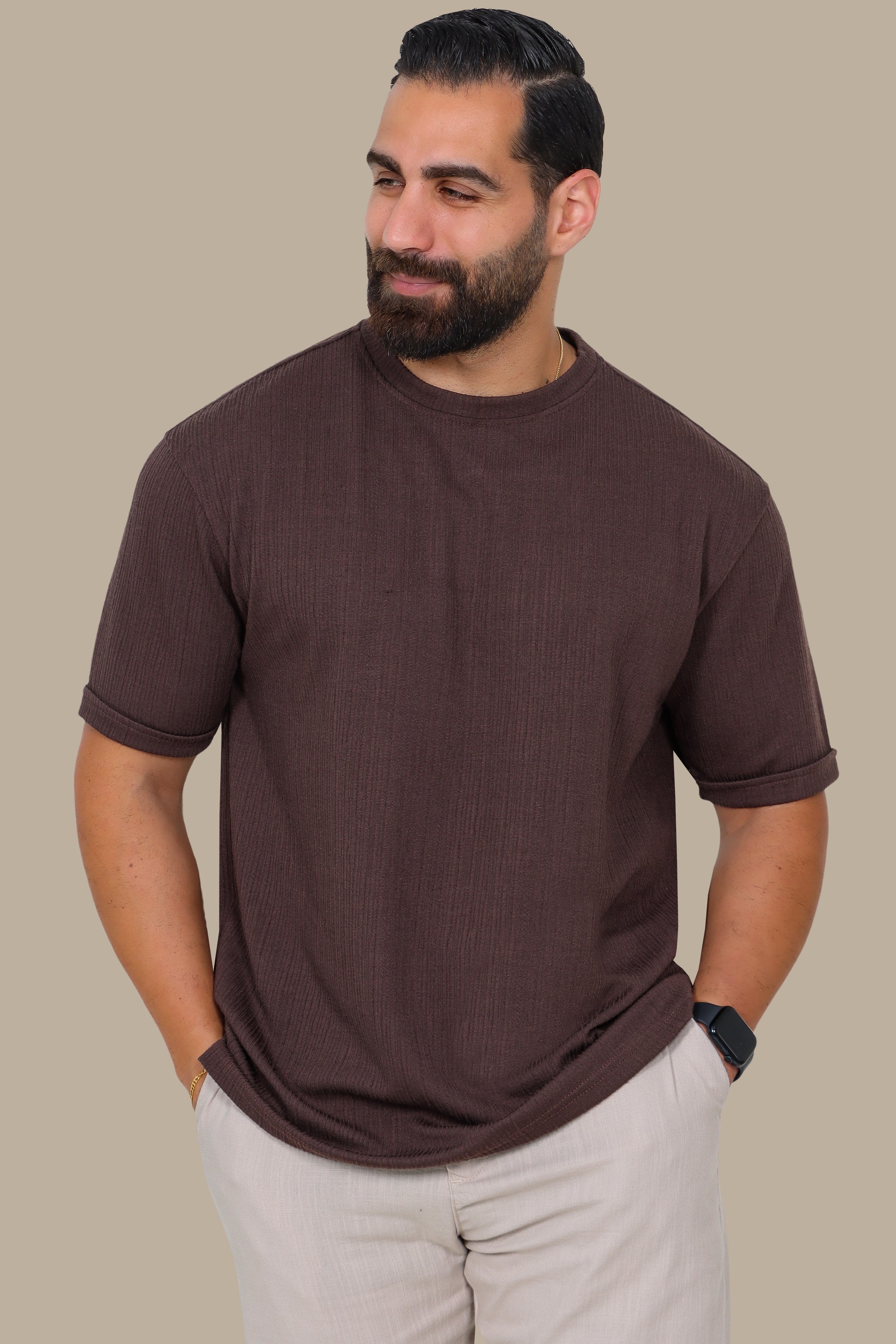Brown Ribbed Structured Round Neck T-Shirt