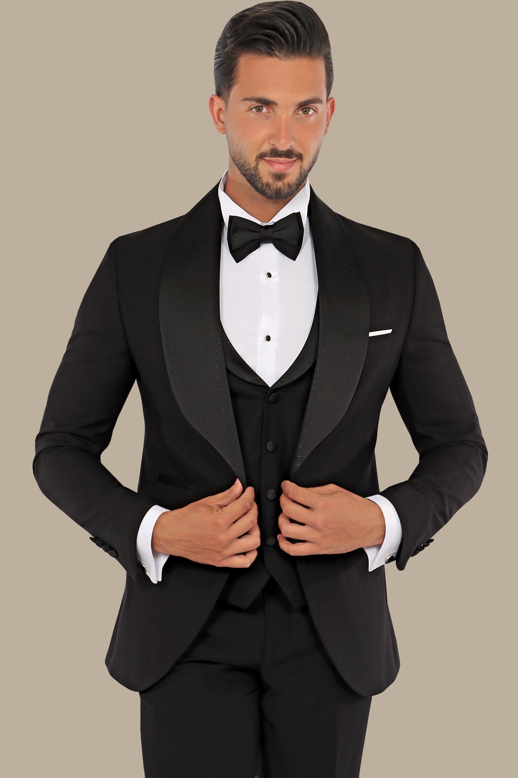 Black Glitter Wide Collar Tuxedo - 4 Piece Set