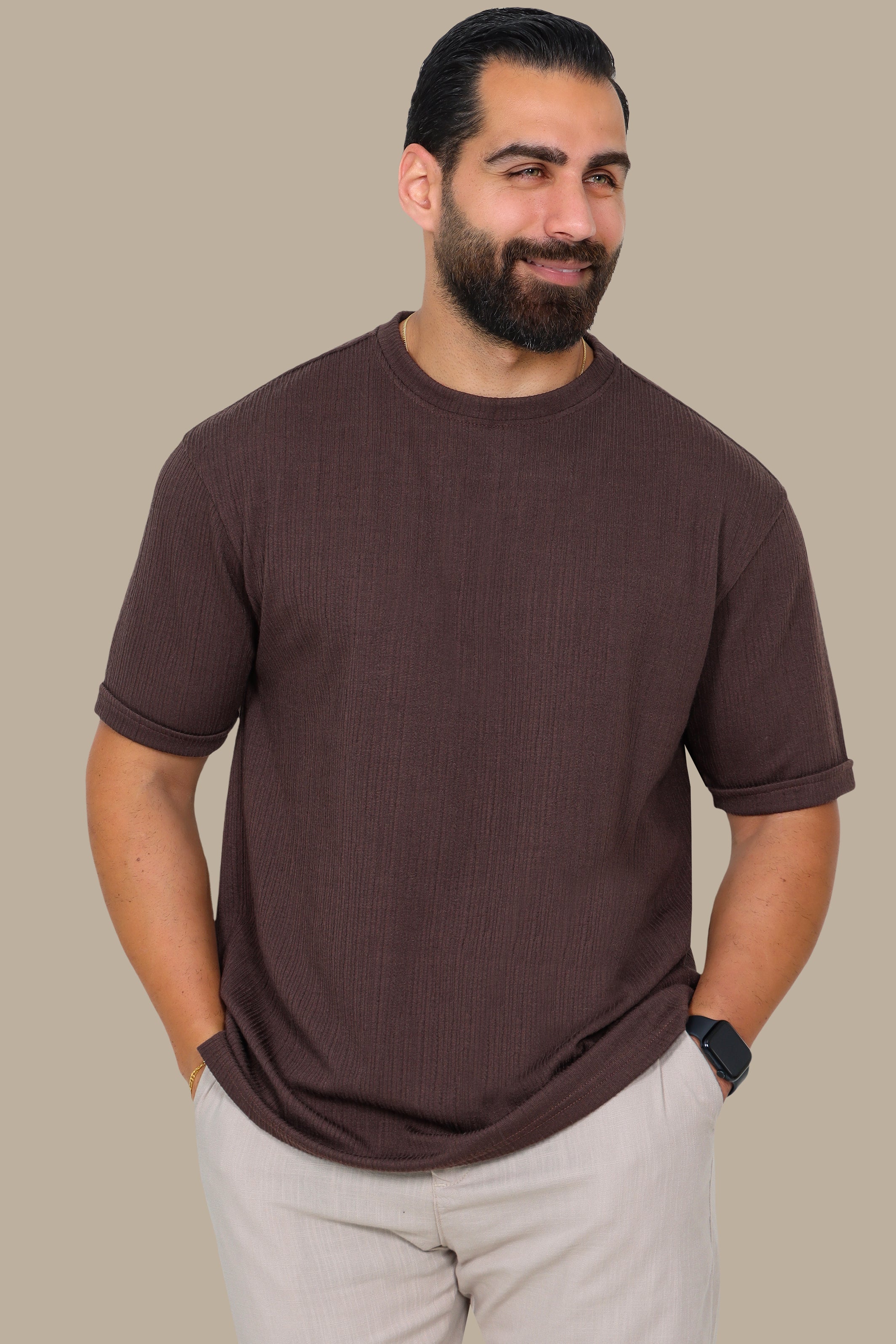 Brown Ribbed Structured Round Neck T-Shirt
