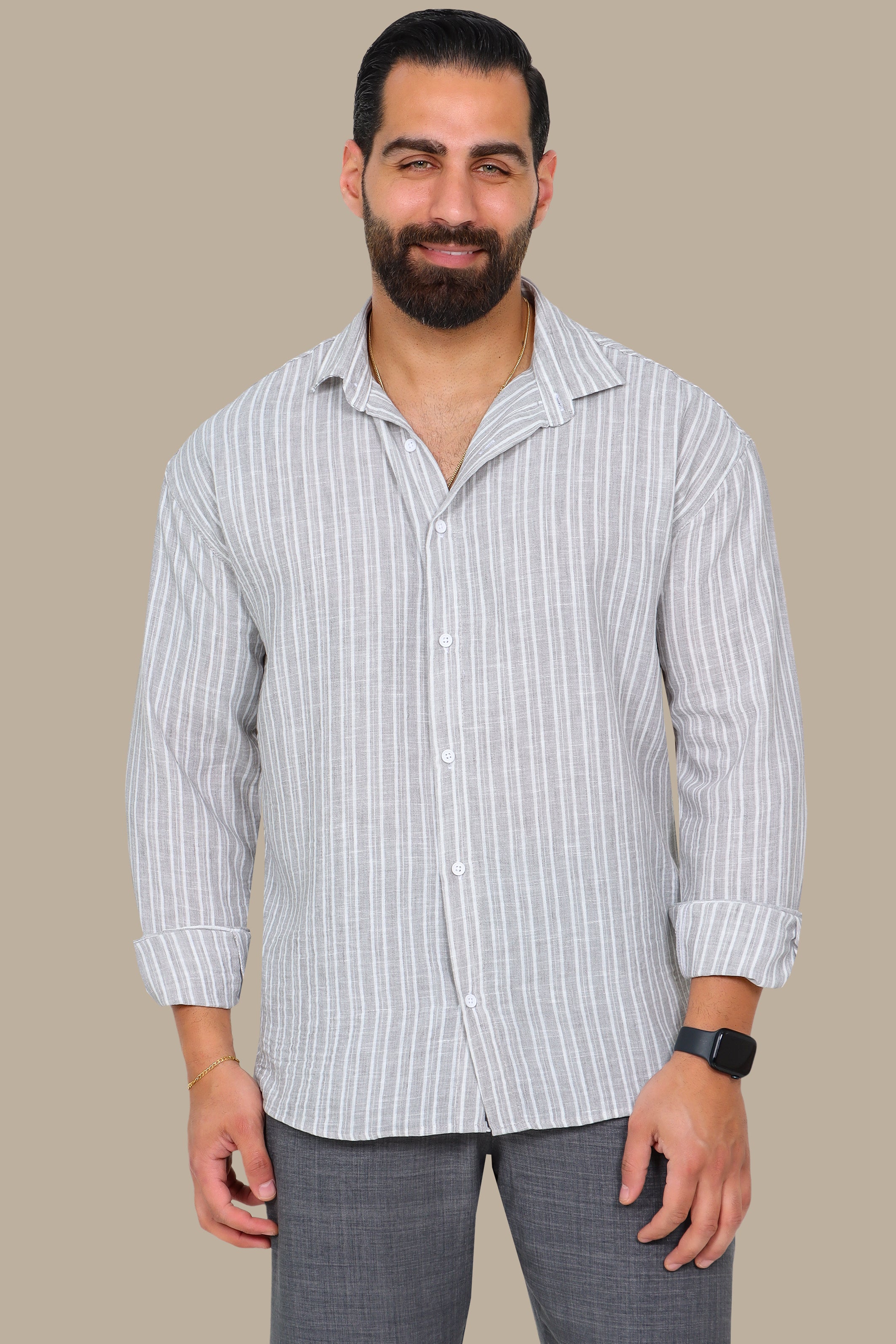 Light Grey Linen Shirt with Double Stripes