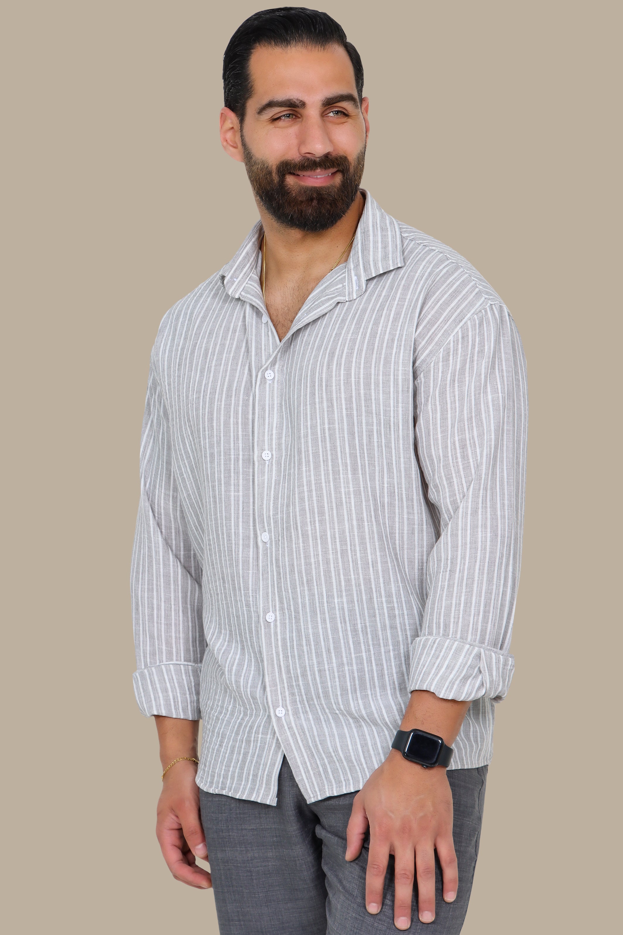 Light Grey Linen Shirt with Double Stripes
