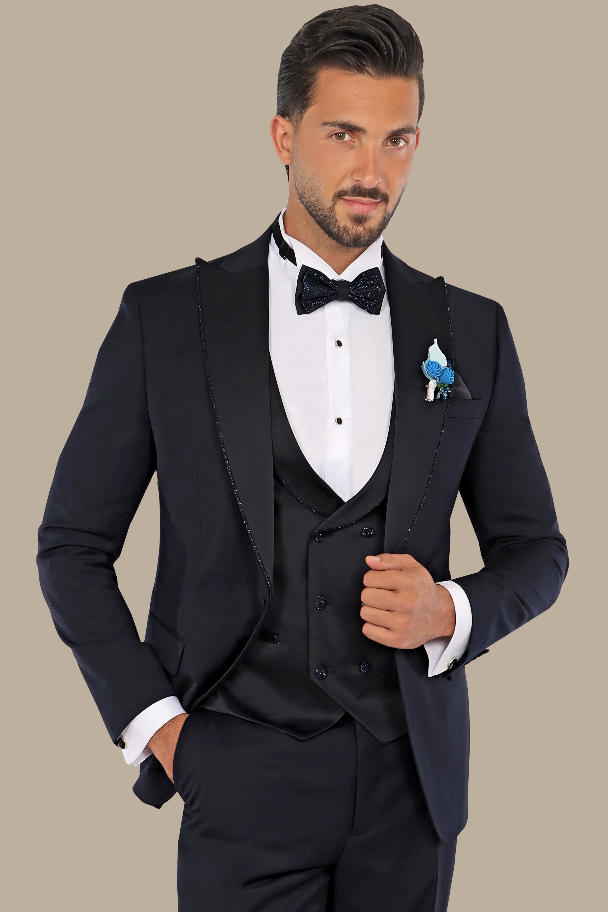 Black Tuxedo with Glitter Piping - 4 Piece Set