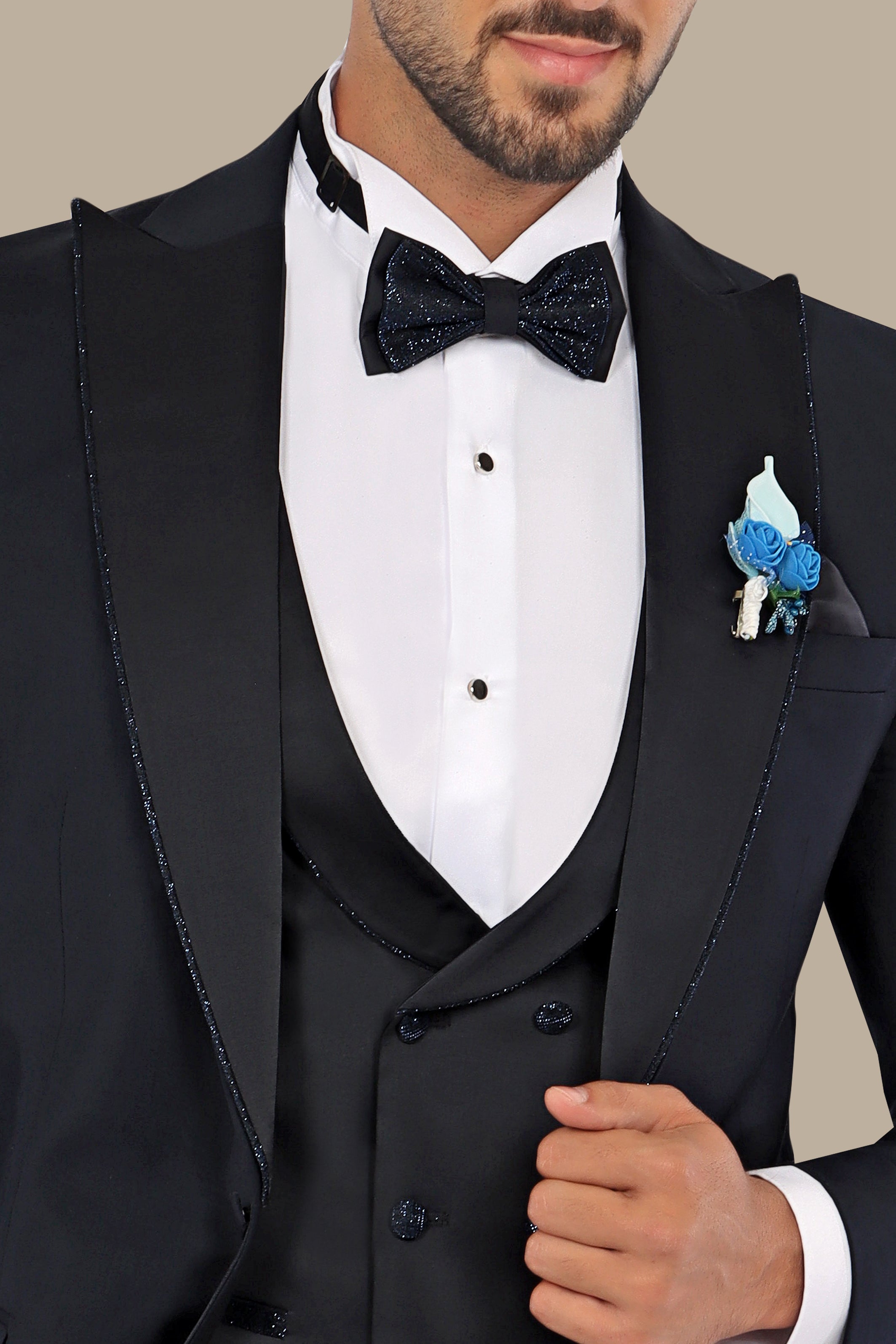 Black Tuxedo with Glitter Piping - 4 Piece Set