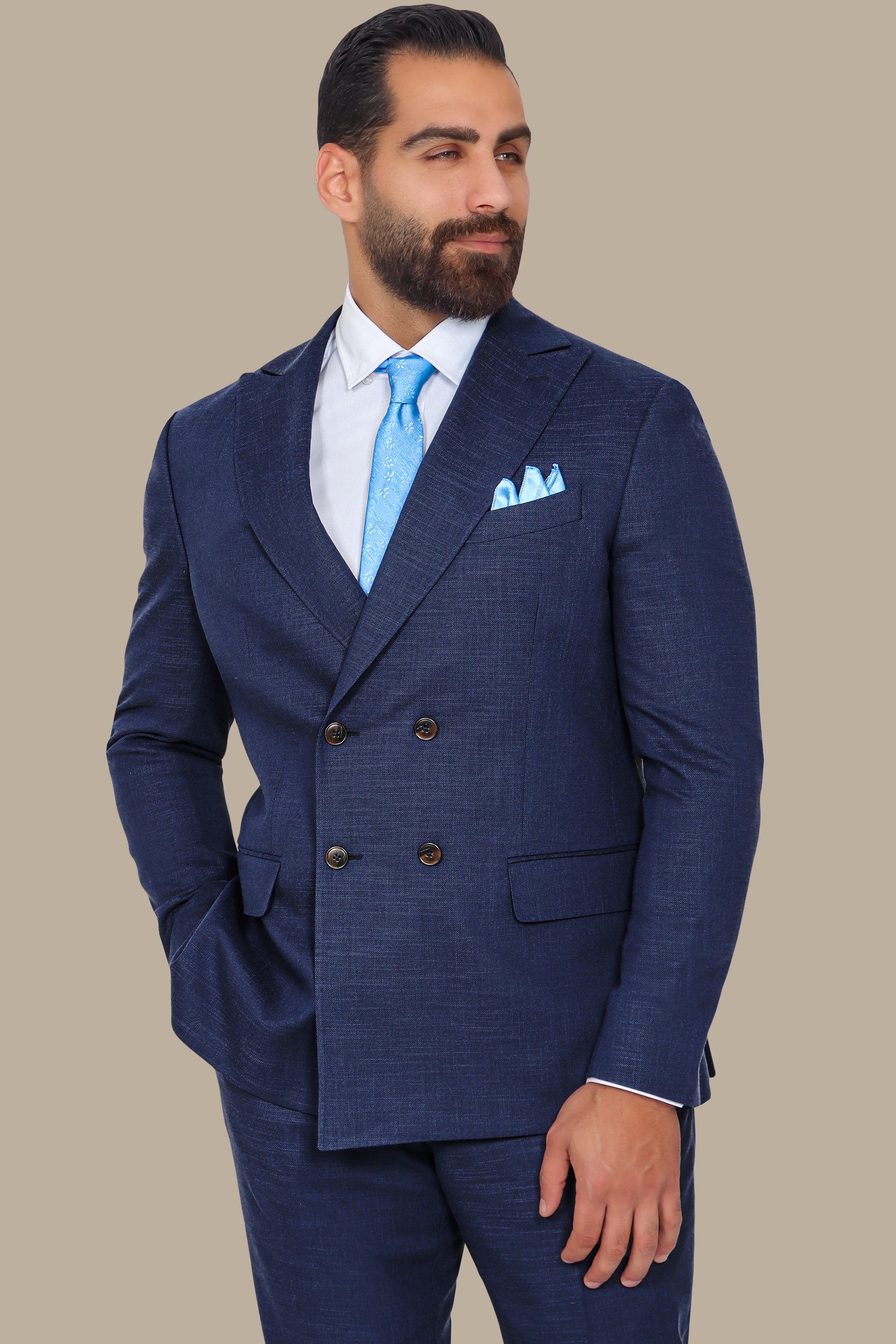 Navy Piquet Double-Breasted Suit with Peak Lapel