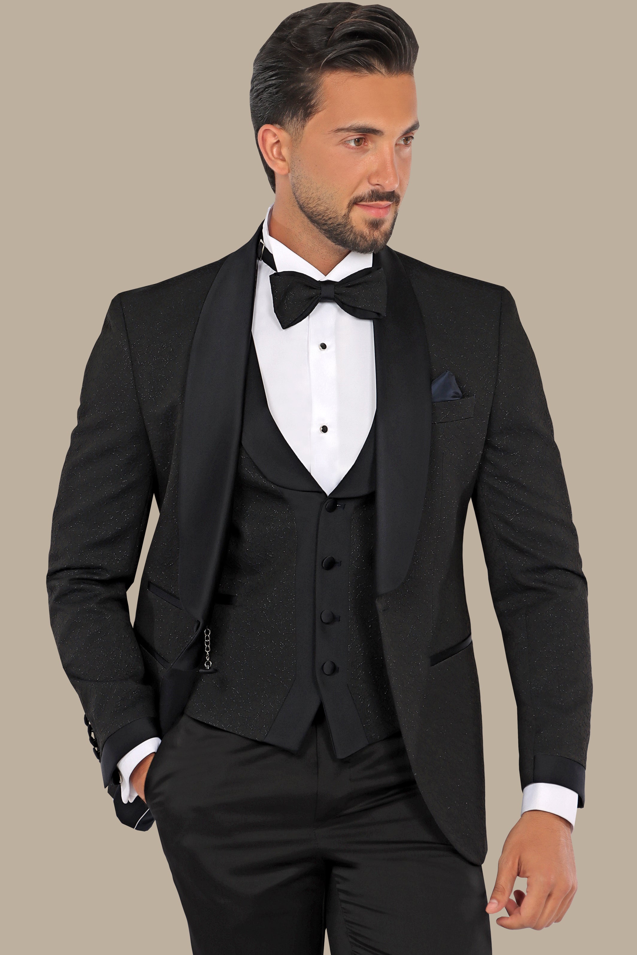 Elegant Ensemble: Black Jacquard Shawl Collar 4-Piece Tuxedo Set