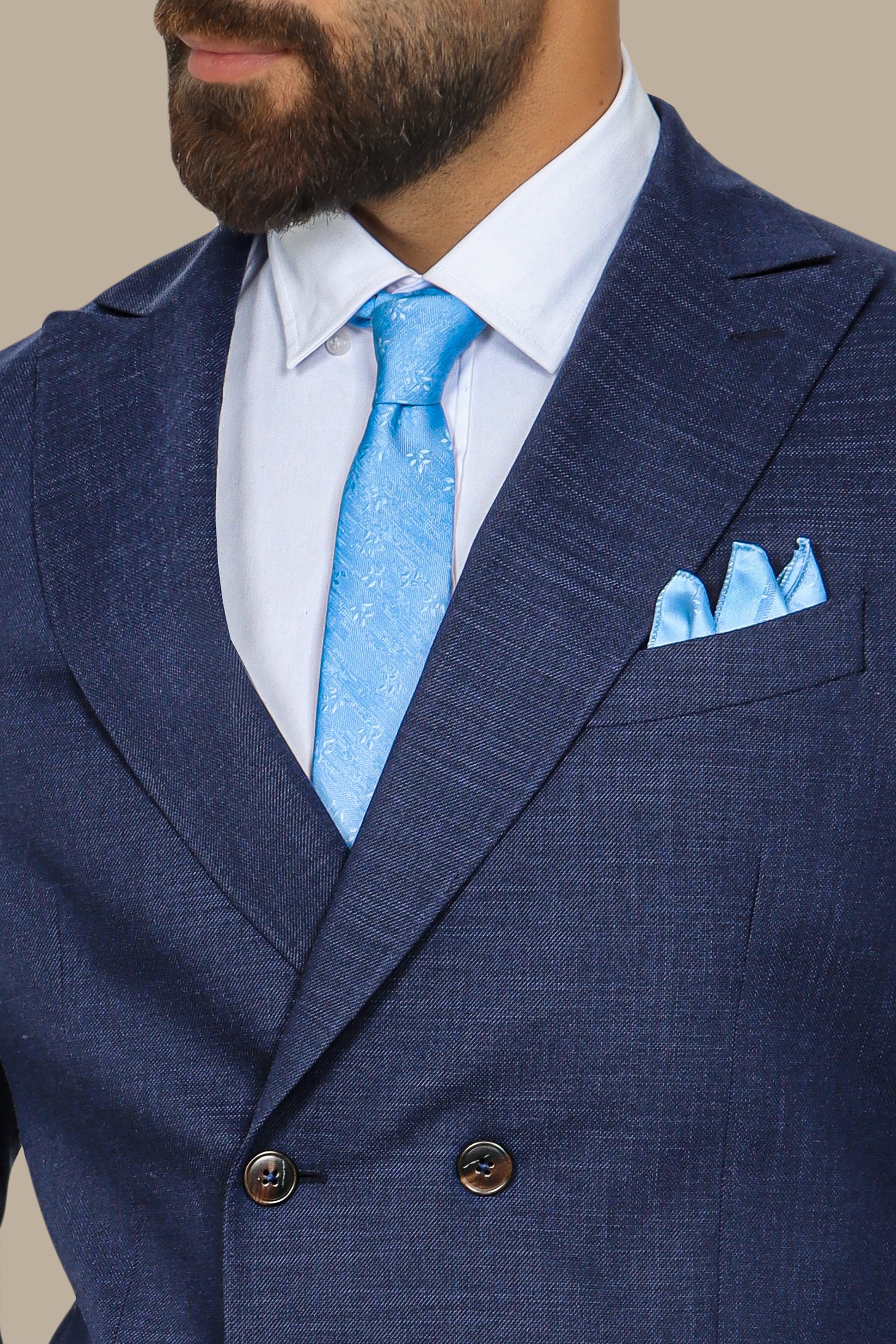 Navy Piquet Double-Breasted Suit with Peak Lapel