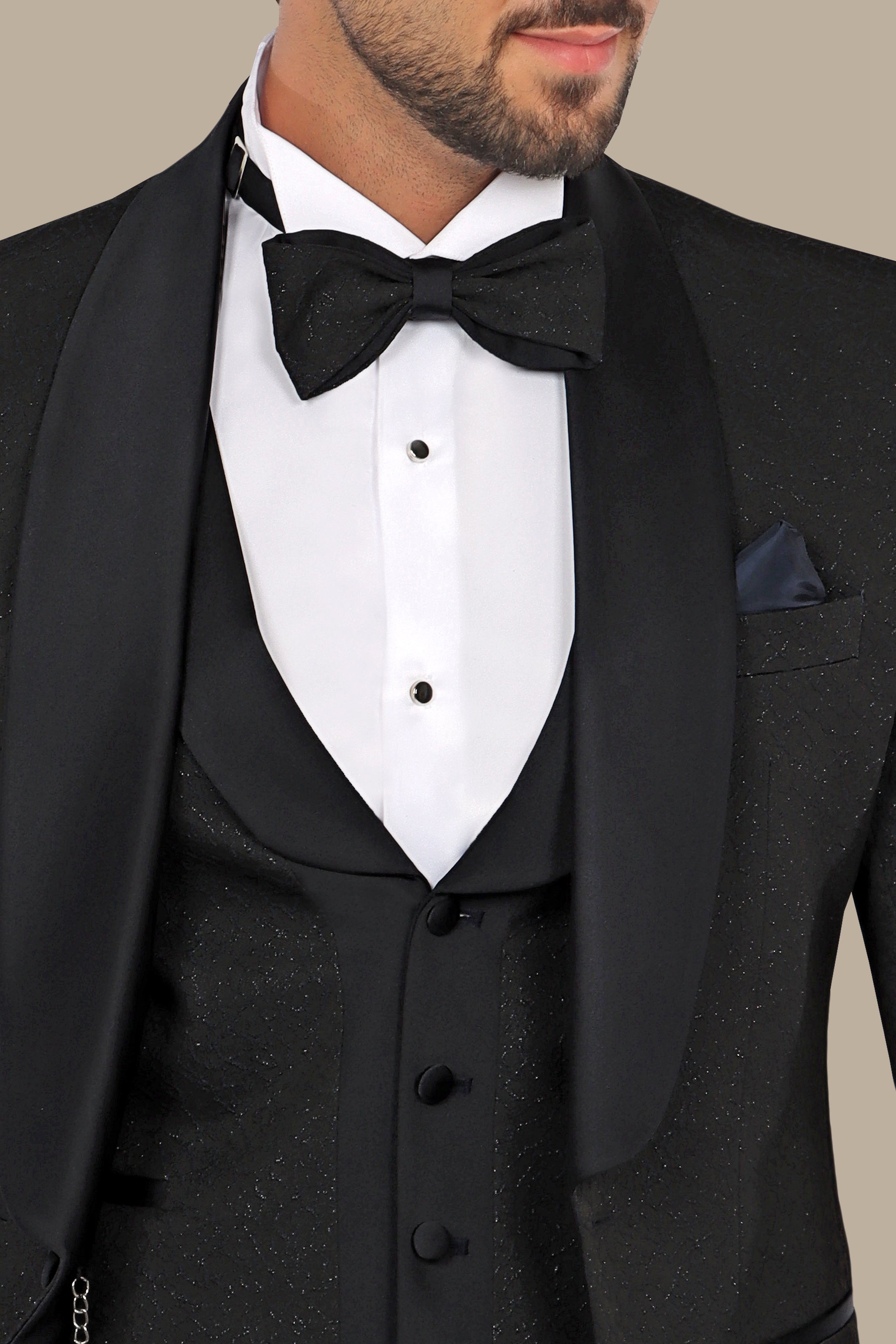 Elegant Ensemble: Black Jacquard Shawl Collar 4-Piece Tuxedo Set