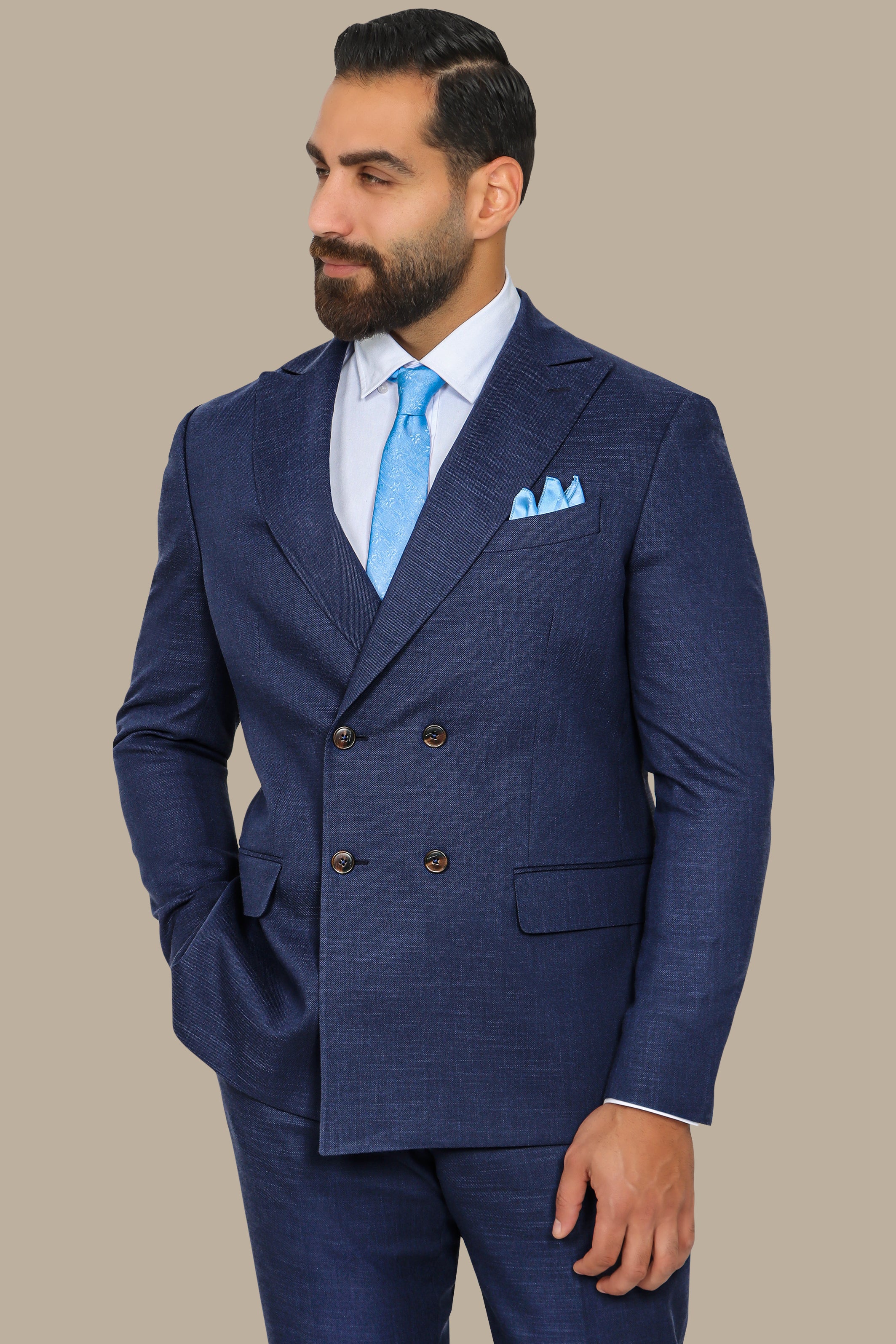 Navy Piquet Double-Breasted Suit with Peak Lapel