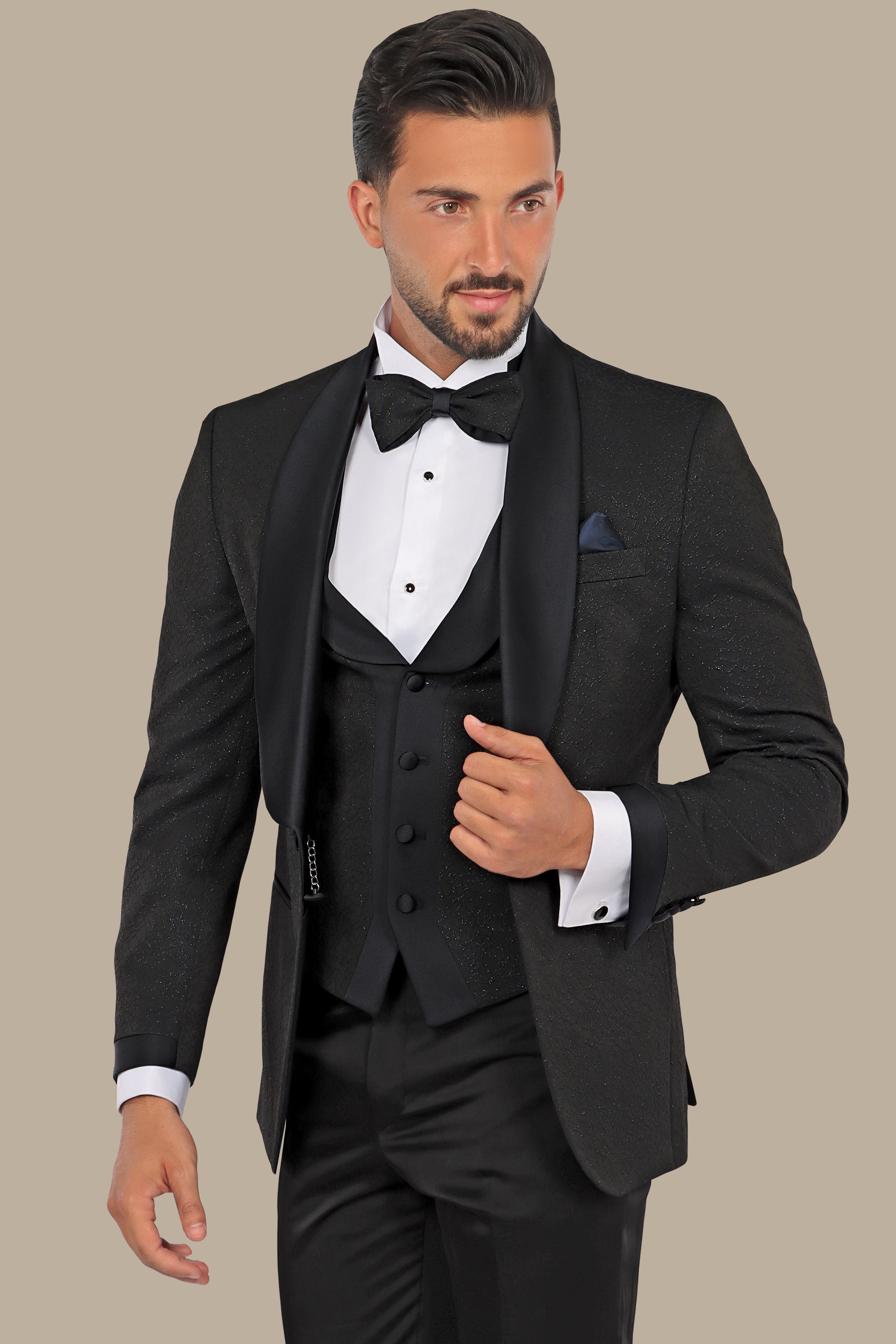 Elegant Ensemble: Black Jacquard Shawl Collar 4-Piece Tuxedo Set