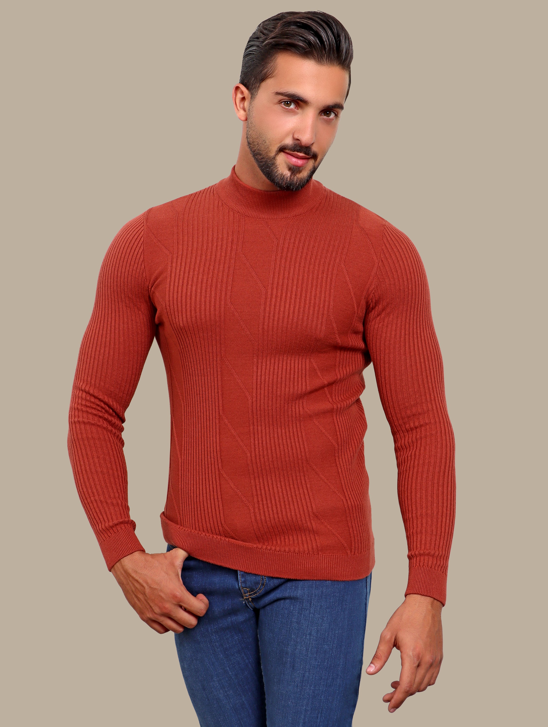 Brick High Neck Ribbed Sweater