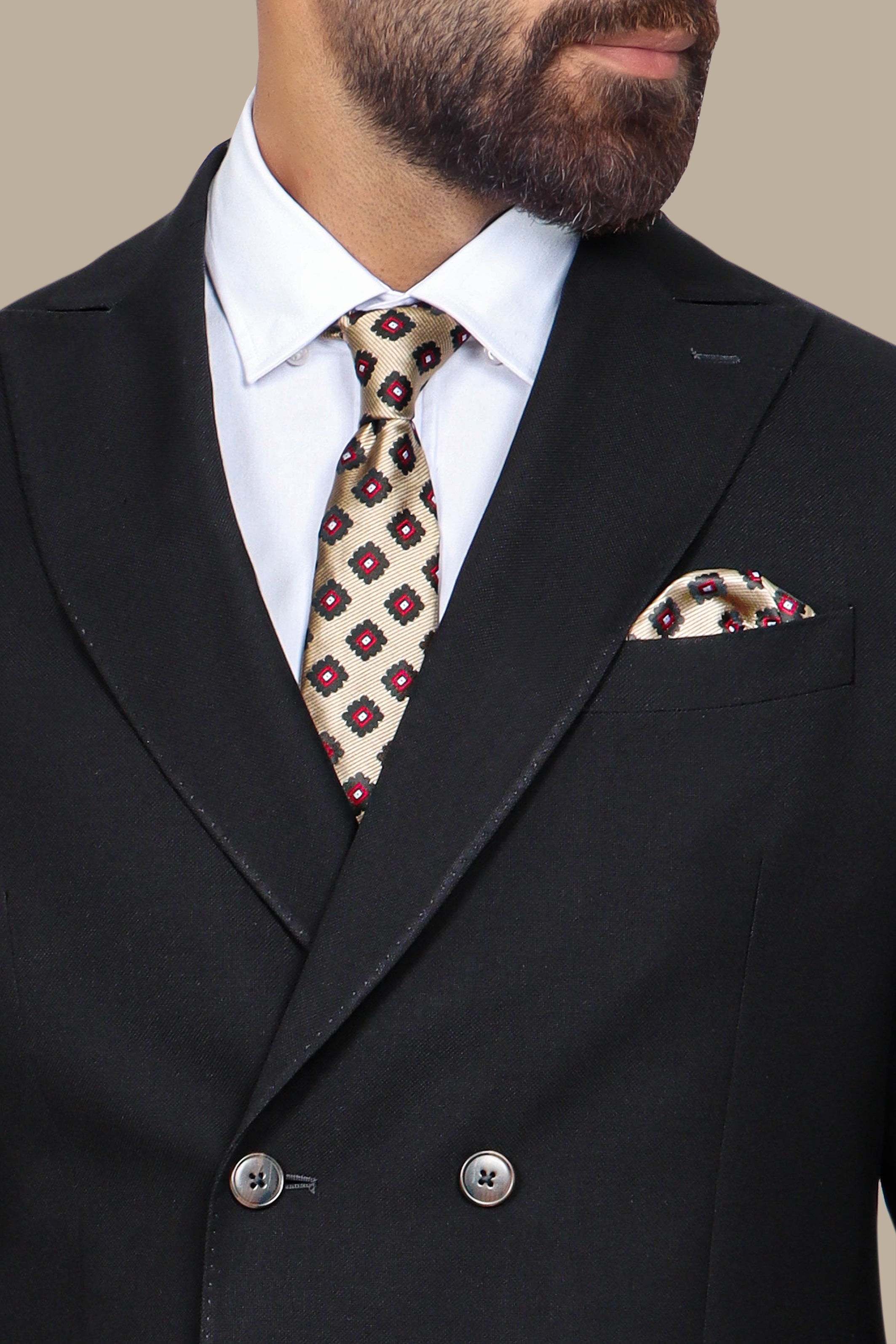 Black Piquet Double-Breasted Suit with Peak Lapel