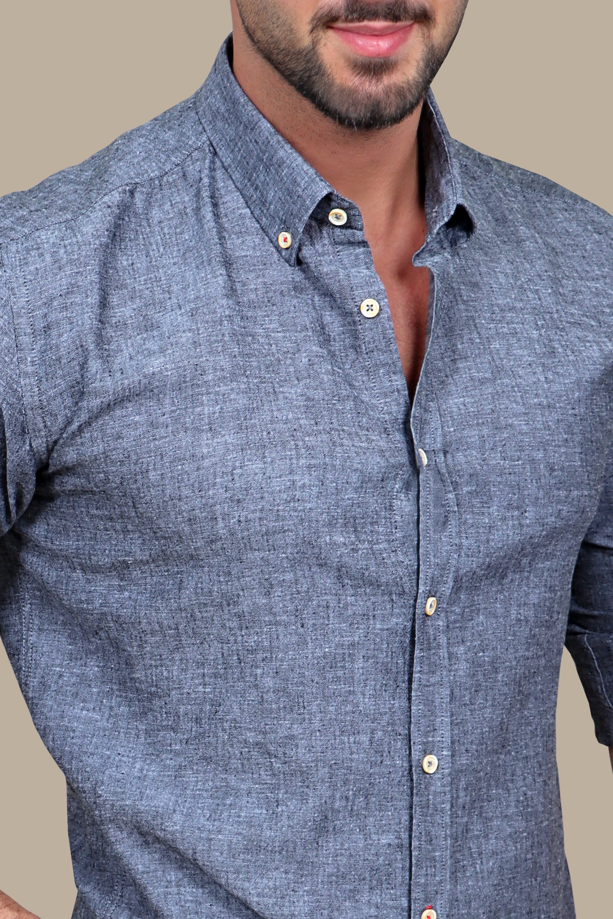 Charcoal Elegance: Linen Shirt with Dark Grey Collar