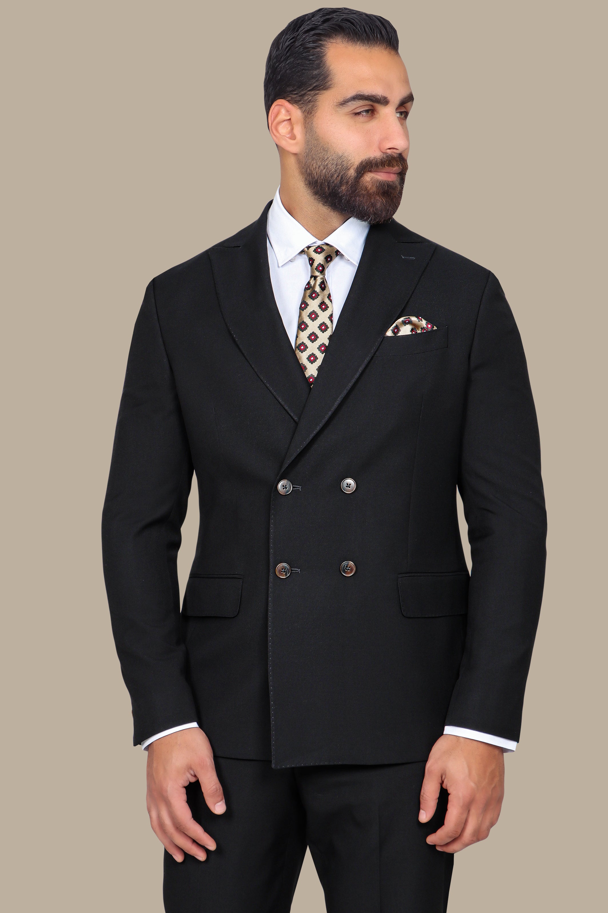 Black Piquet Double-Breasted Suit with Peak Lapel