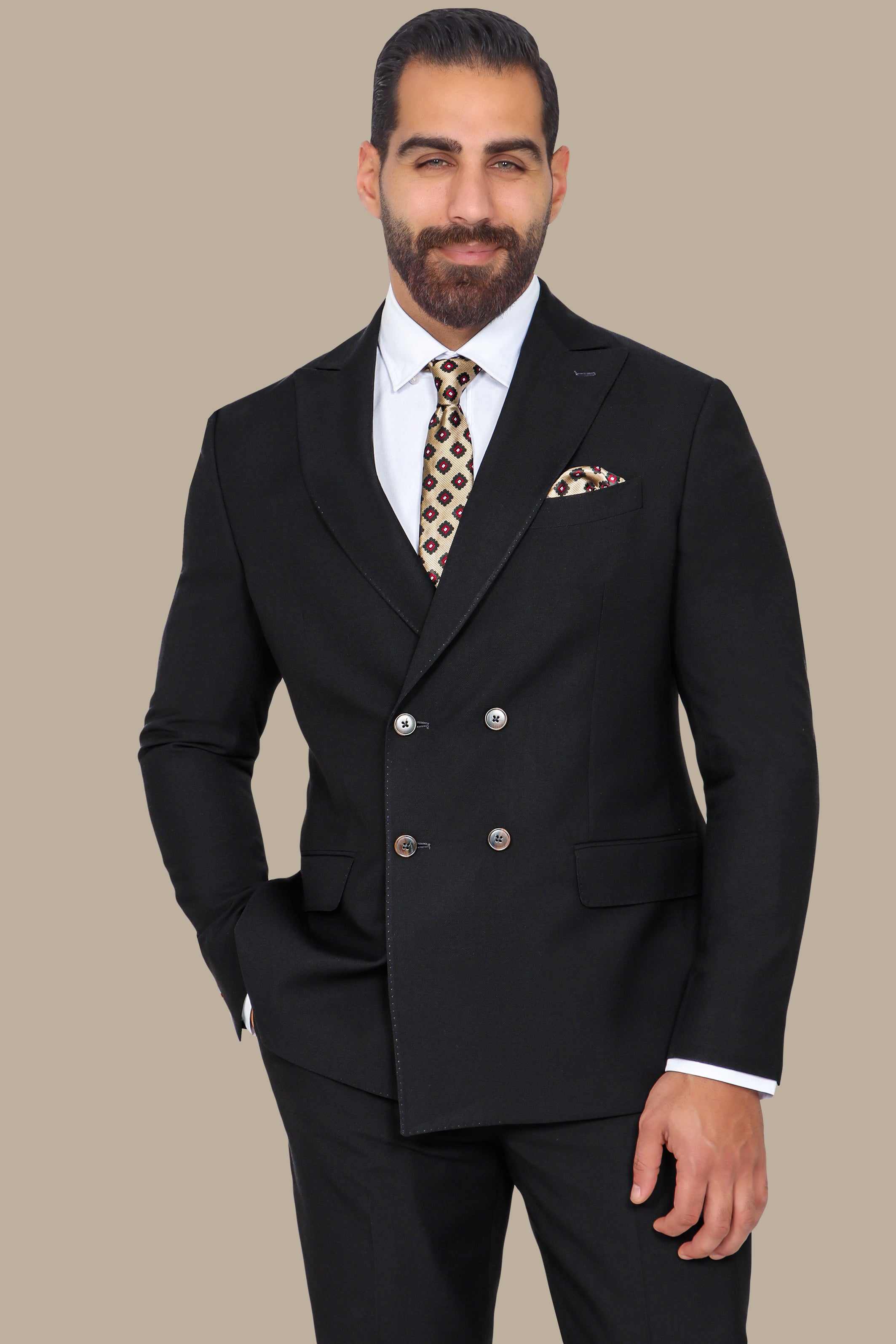 Black Piquet Double-Breasted Suit with Peak Lapel