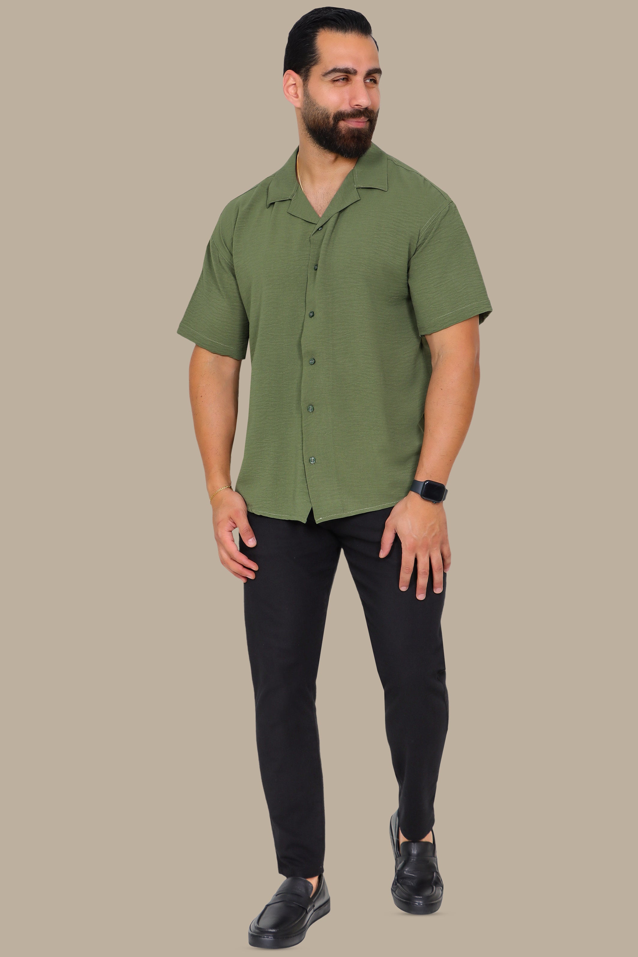 Effortless Comfort: Short-Sleeve Linen Aerobin Shirt in Green