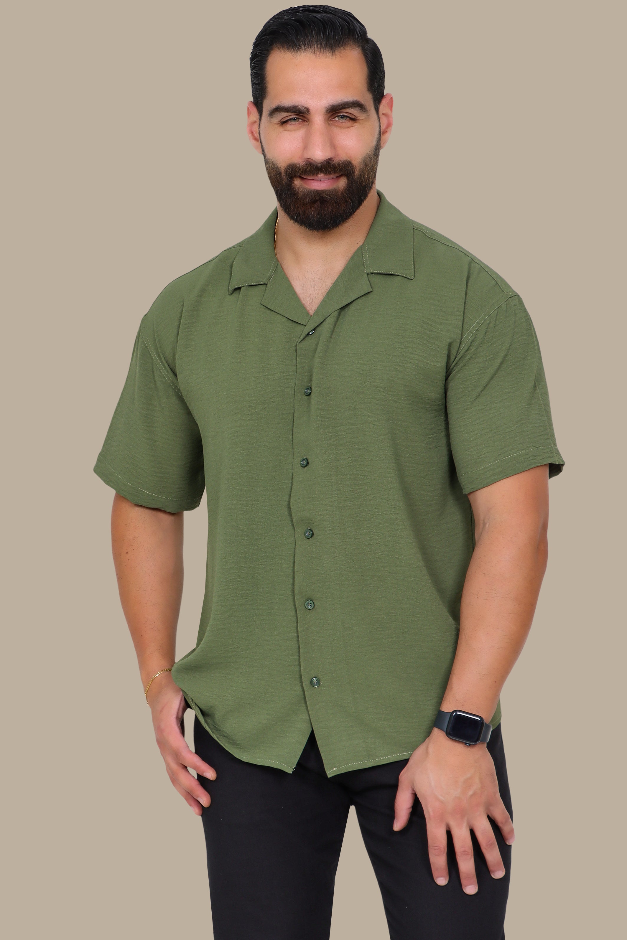 Effortless Comfort: Short-Sleeve Linen Aerobin Shirt in Green