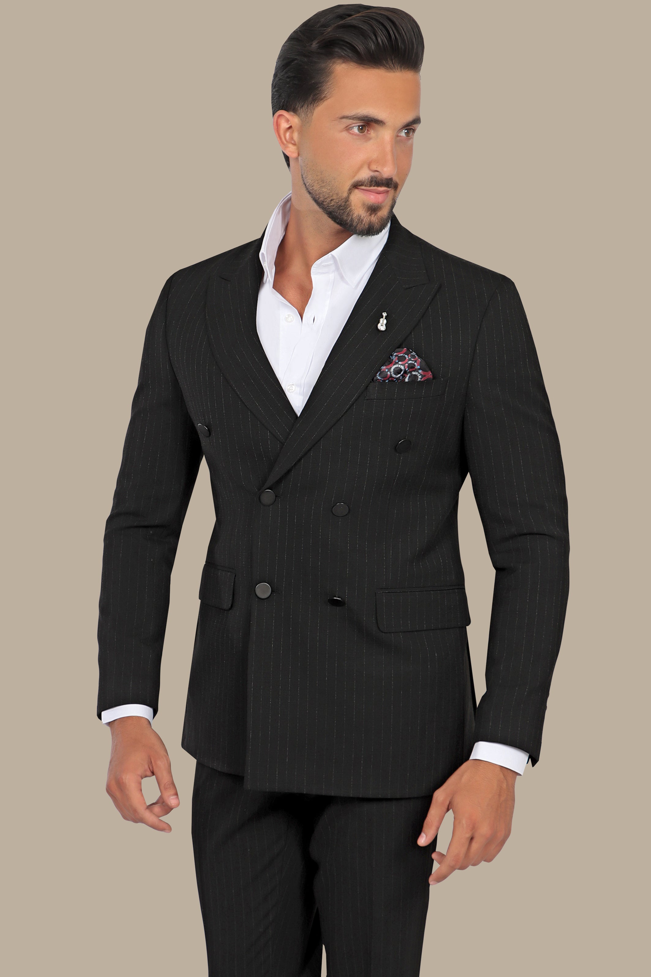 Classic Elegance: Black Double-Breasted Suit with Timeless Stripes