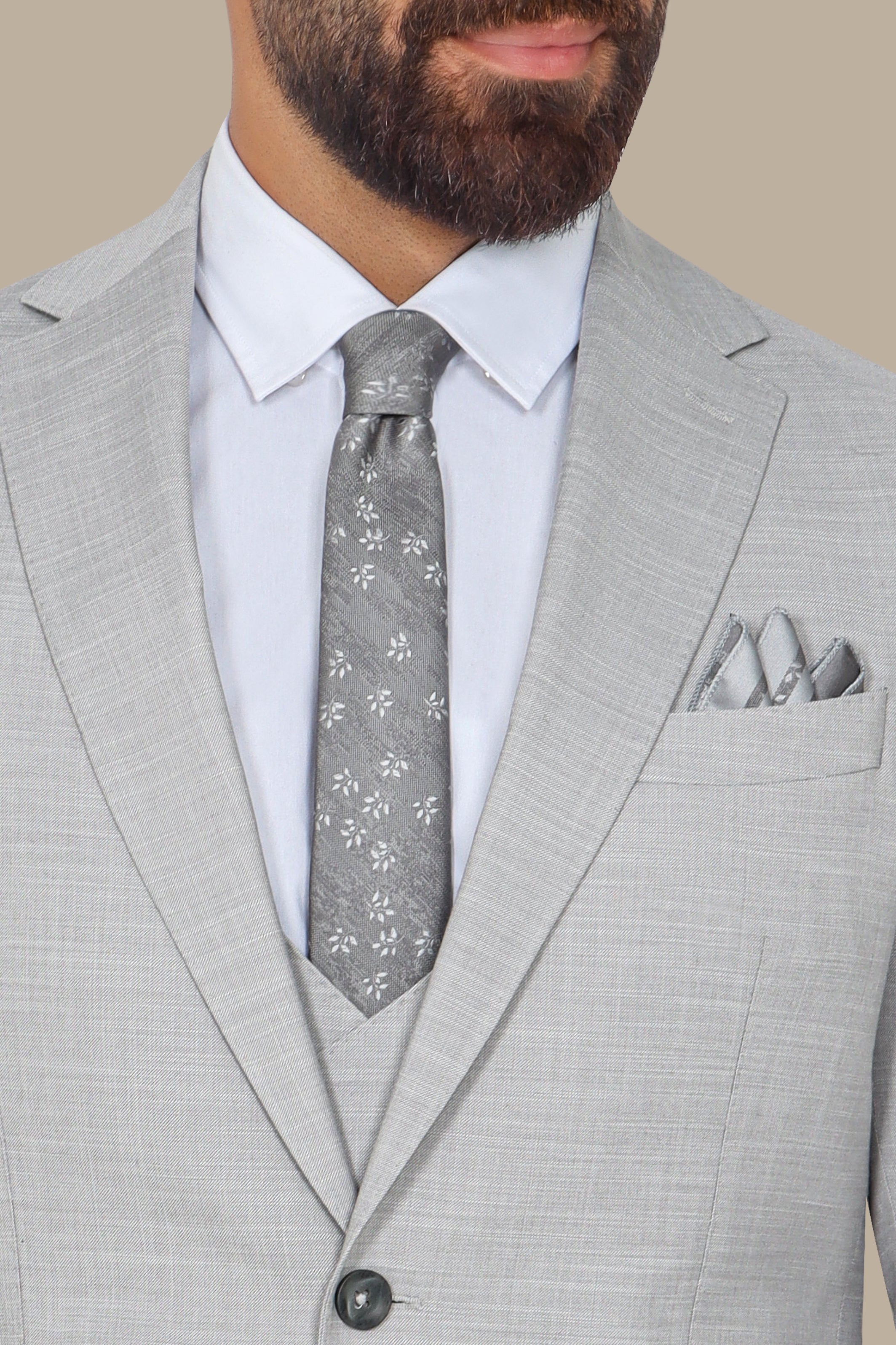 Light Grey Suit Fil a Fil Lycra Notch 3-Piece