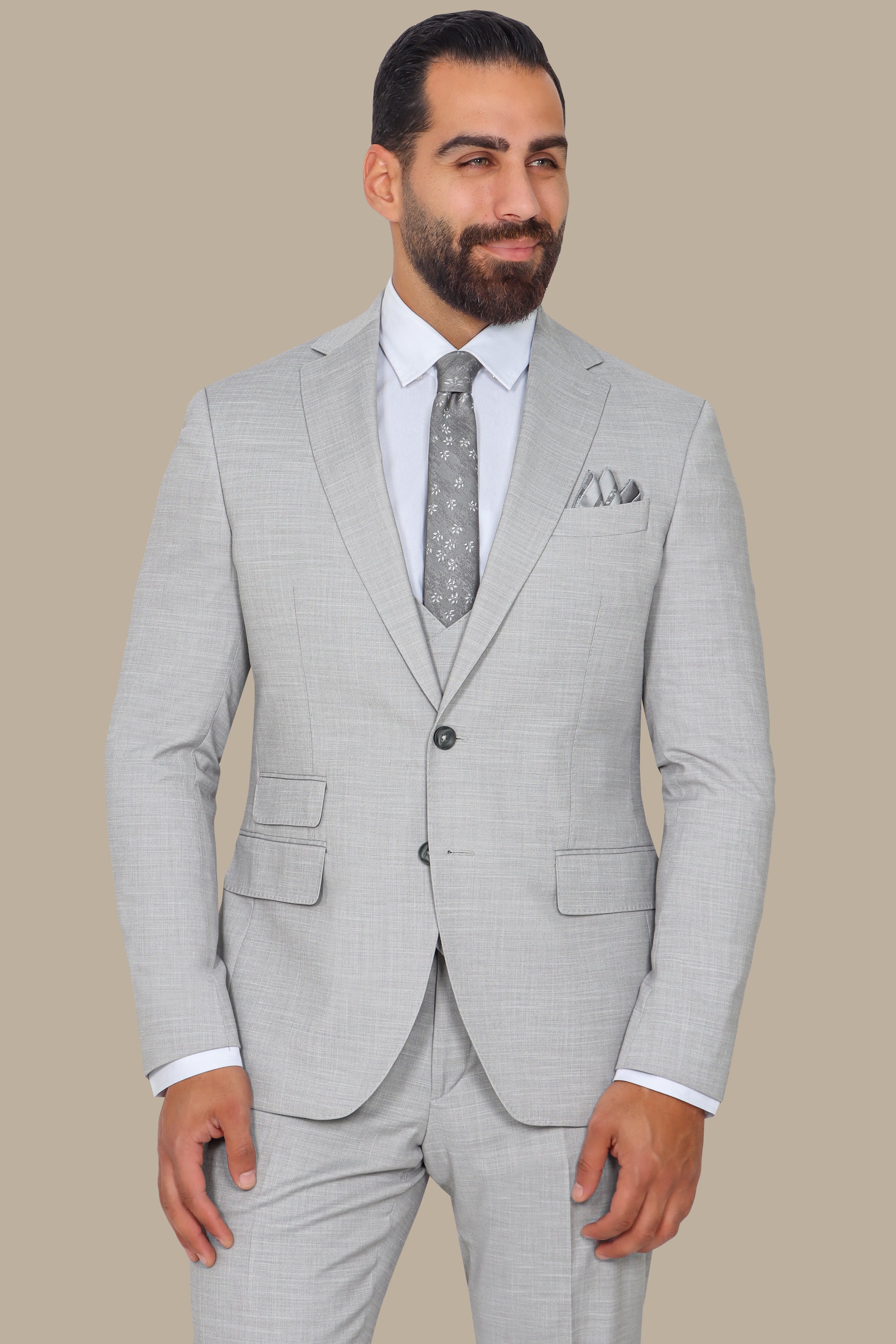 Light Grey Suit Fil a Fil Lycra Notch 3-Piece