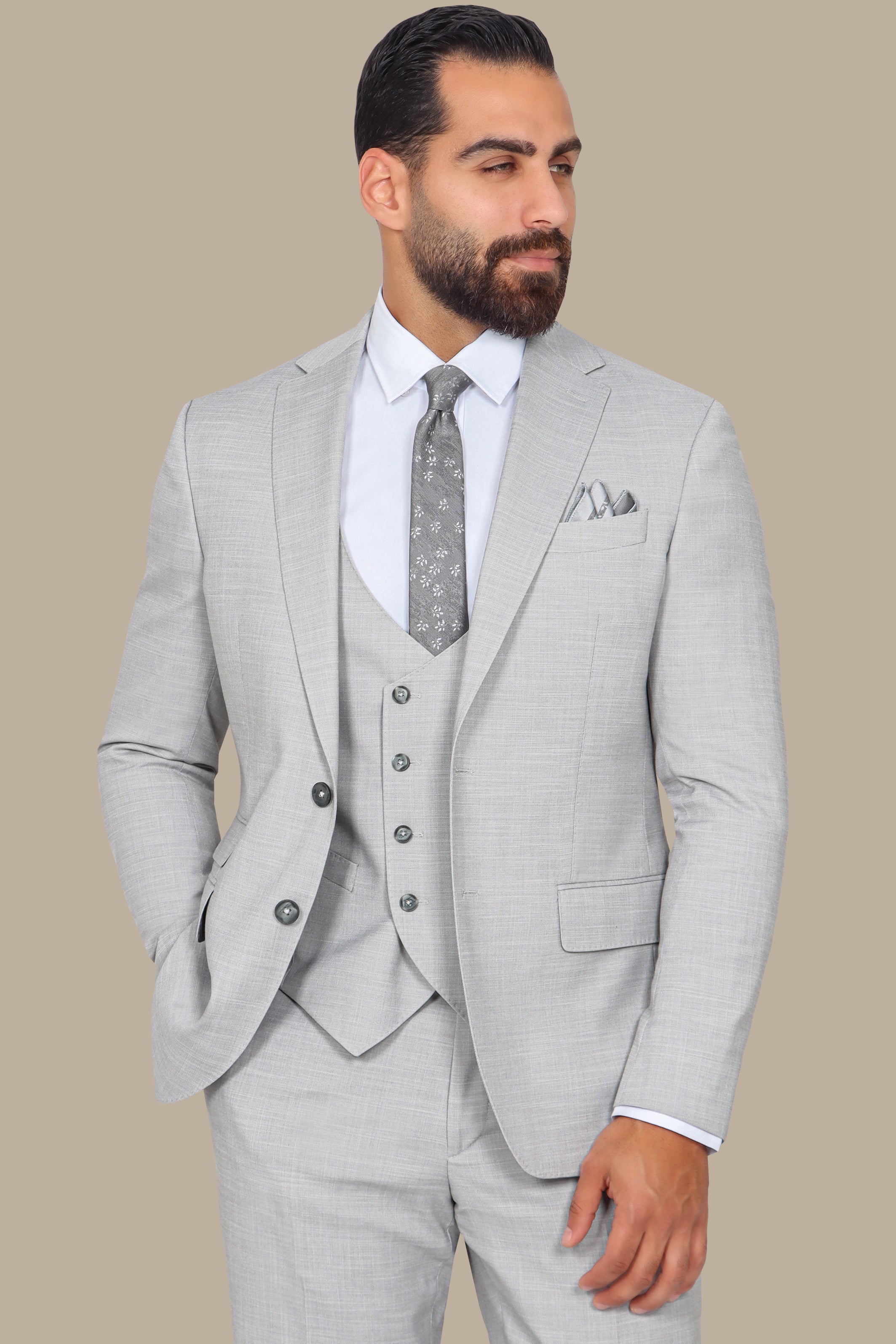 Light Grey Suit Fil a Fil Lycra Notch 3-Piece