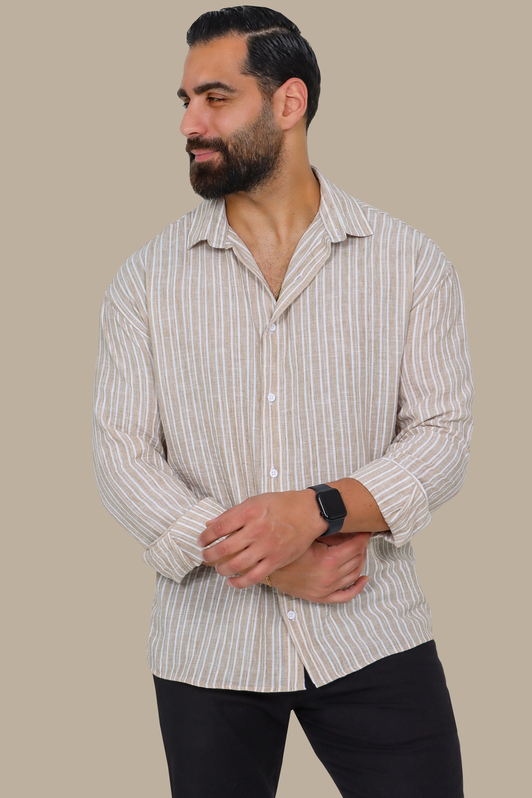 Beige Linen Shirt with Double Stripes