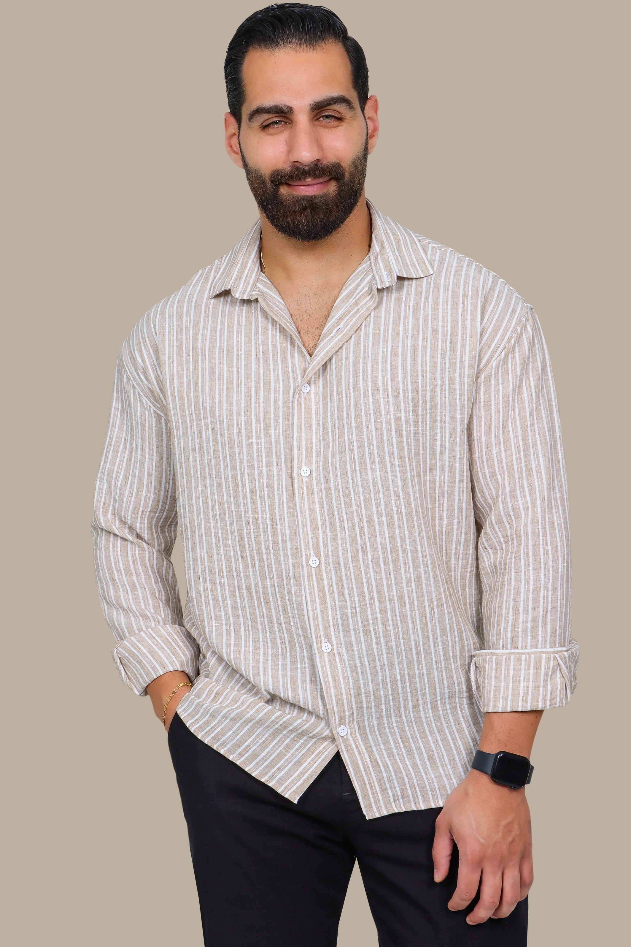 Beige Linen Shirt with Double Stripes