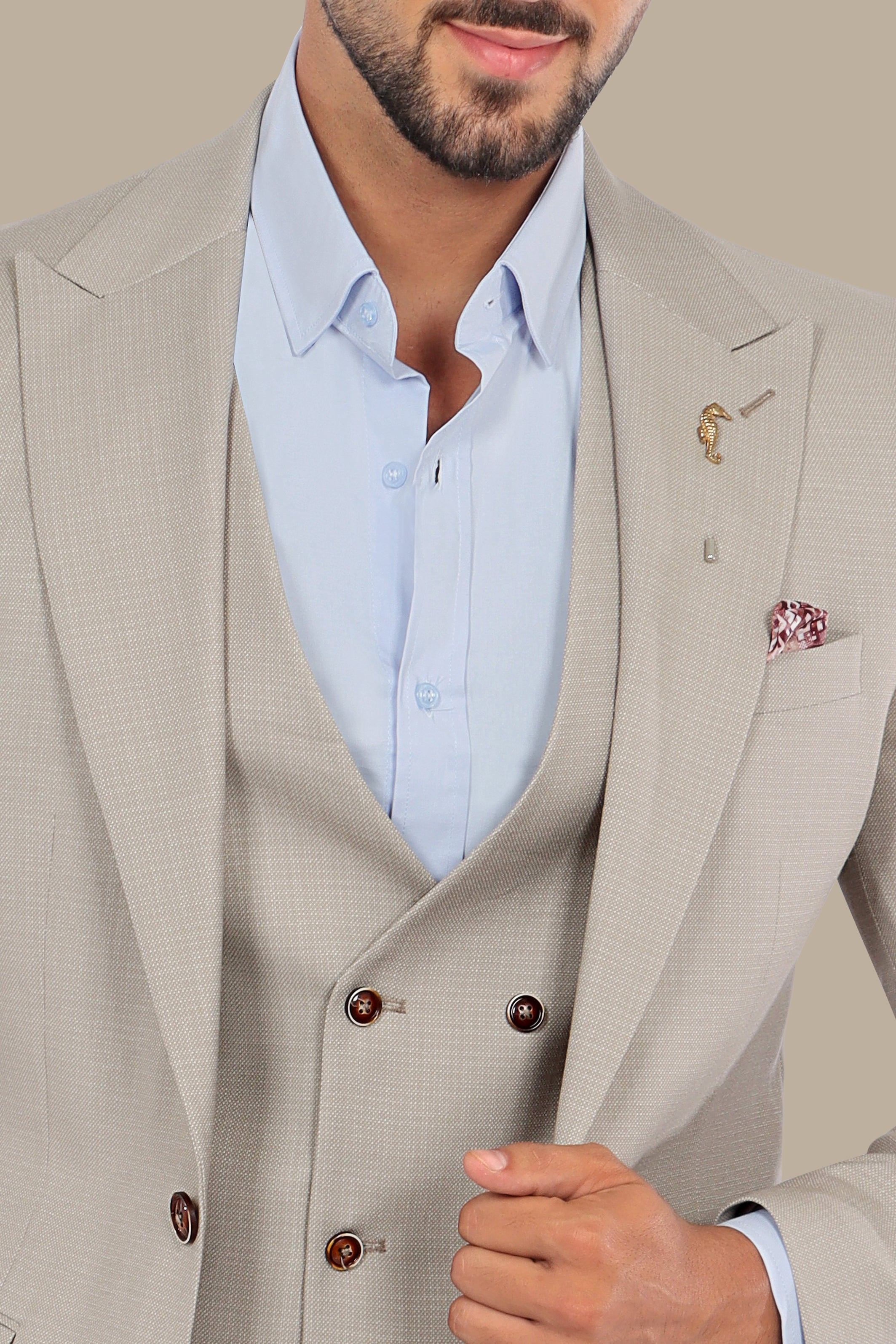 Timeless Charm: 3-Piece Beige Suit with Dots