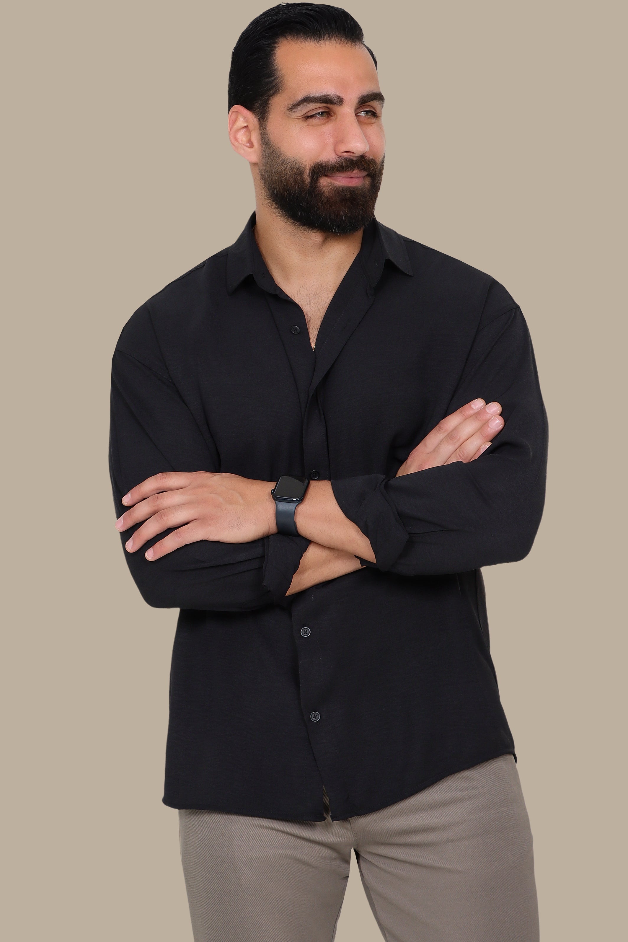 Black Linen Shirt with Long Sleeves in Aerobin Fabric