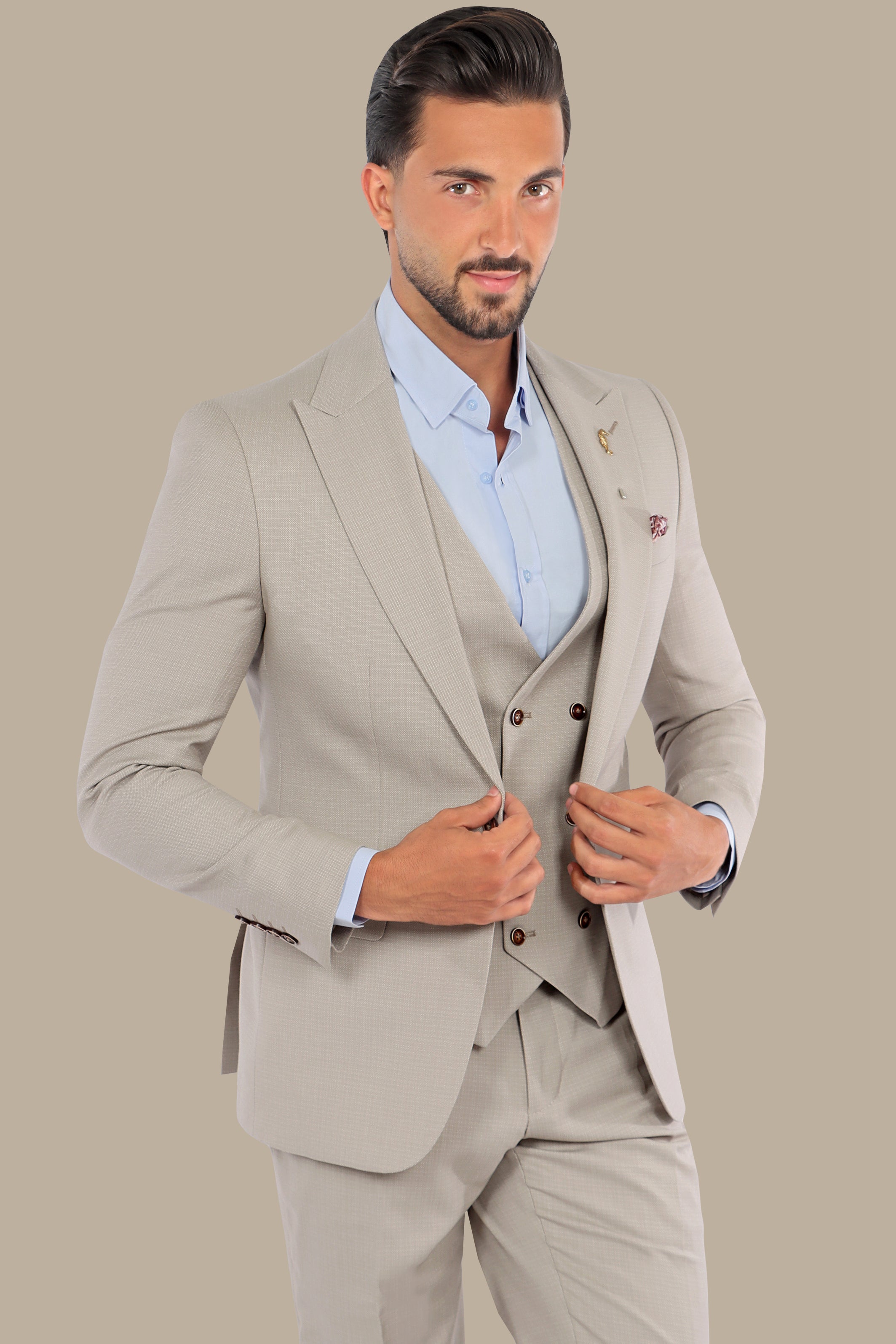 Timeless Charm: 3-Piece Beige Suit with Dots