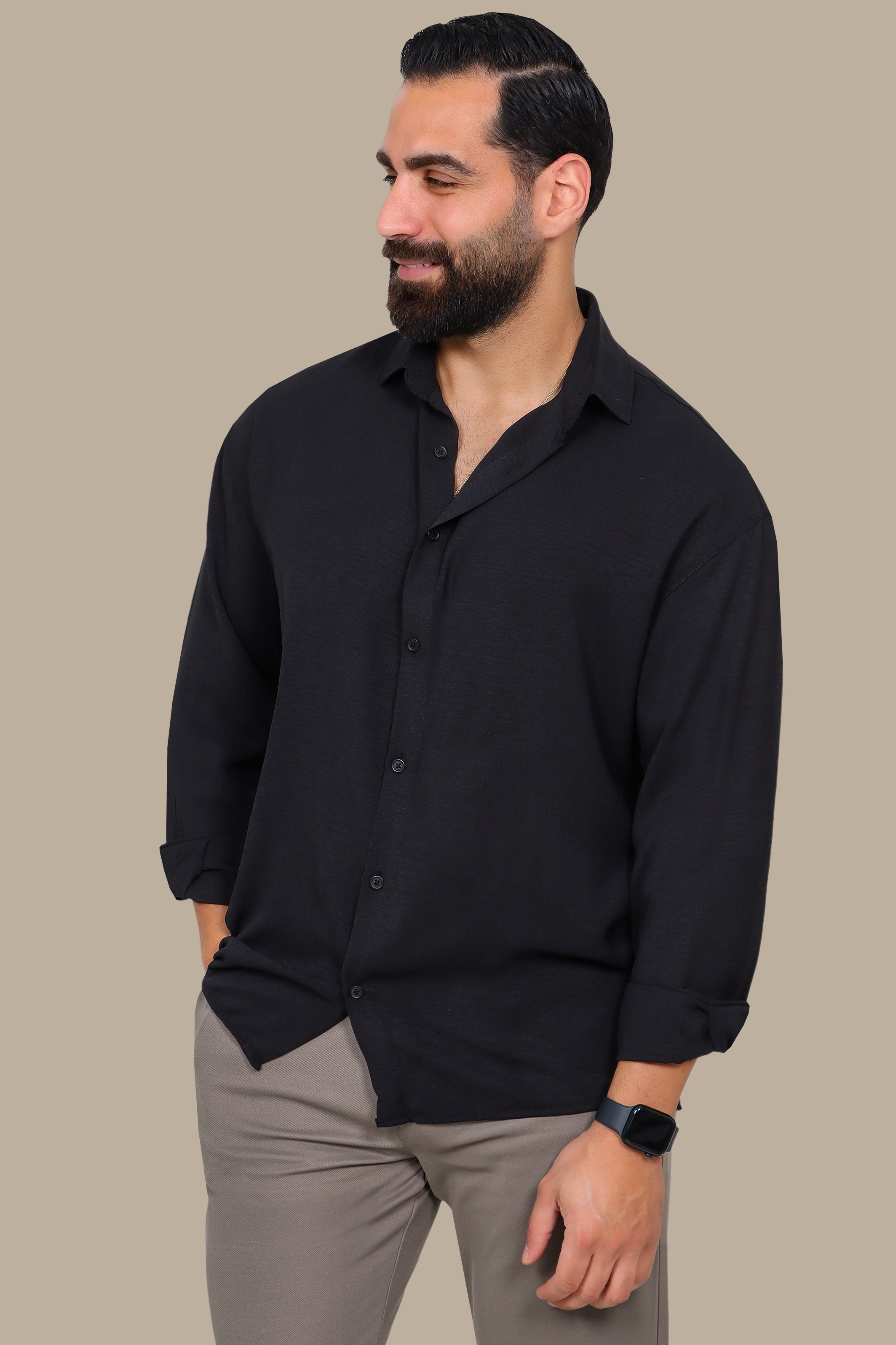 Black Linen Shirt with Long Sleeves in Aerobin Fabric