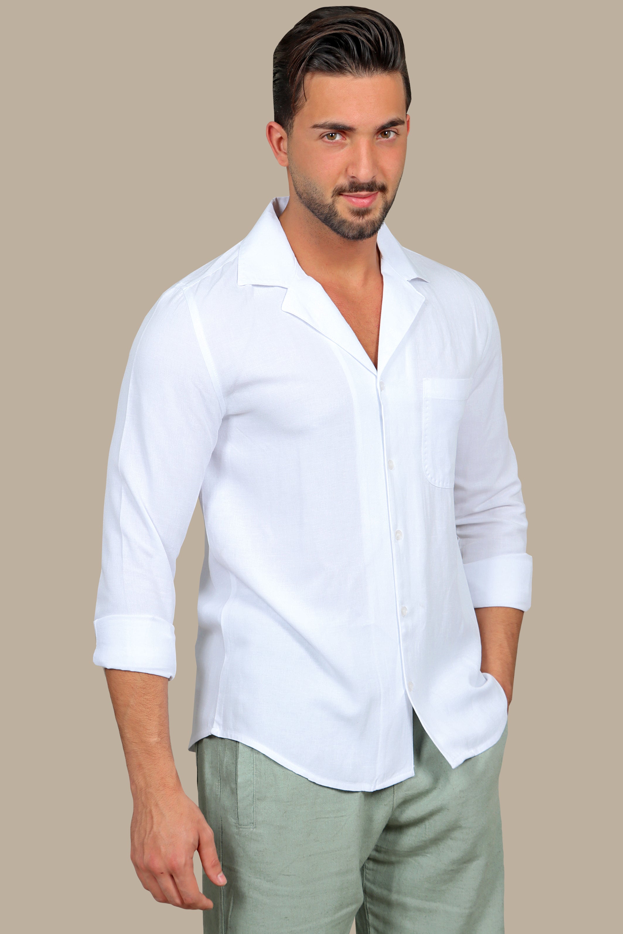 Elegant White Linen Patch Djellaba Shirt