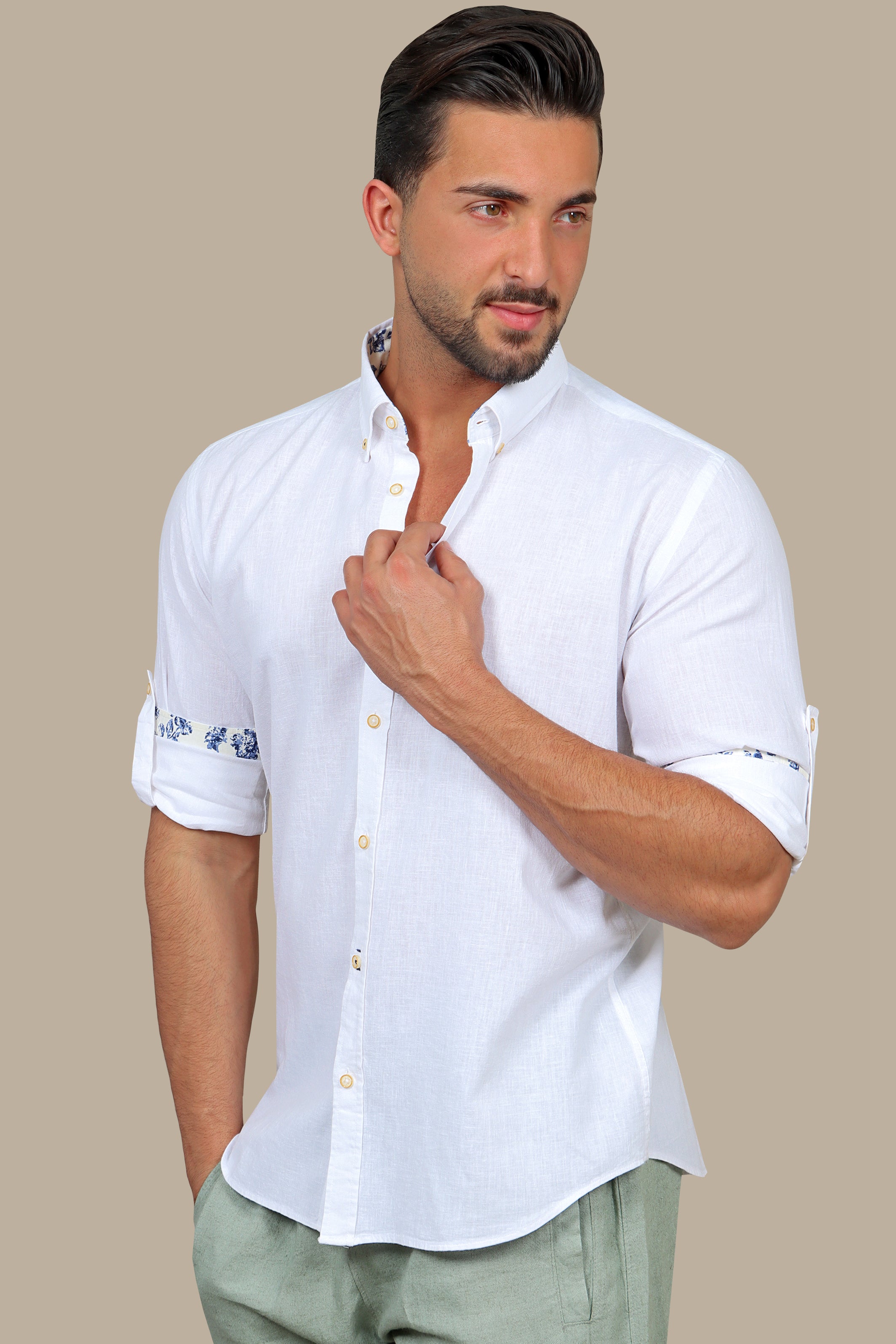 Shirt Linen Basic With Printed Collar | White