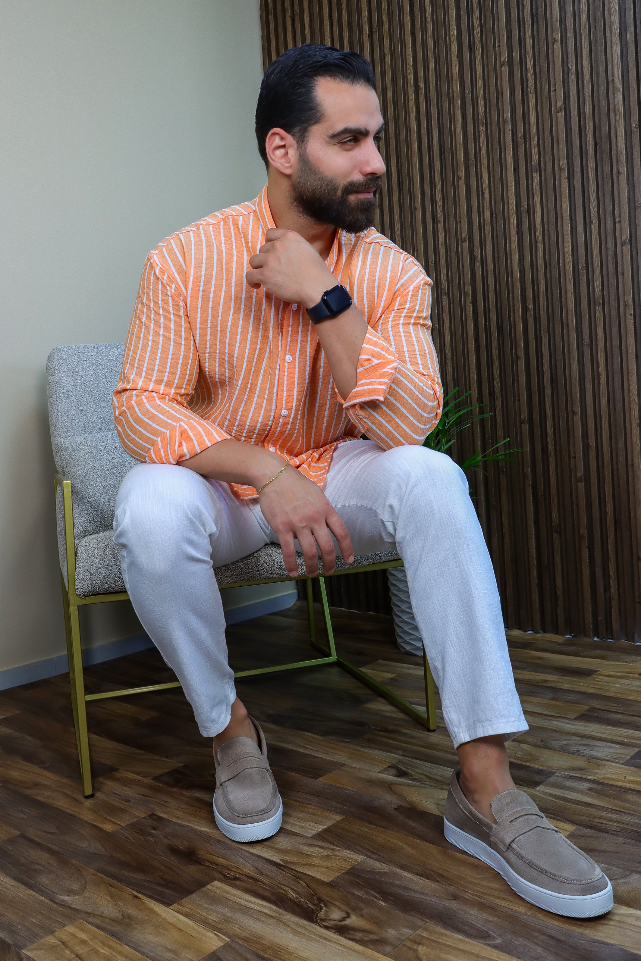 Orange Striped Linen Long Sleeve Shirt