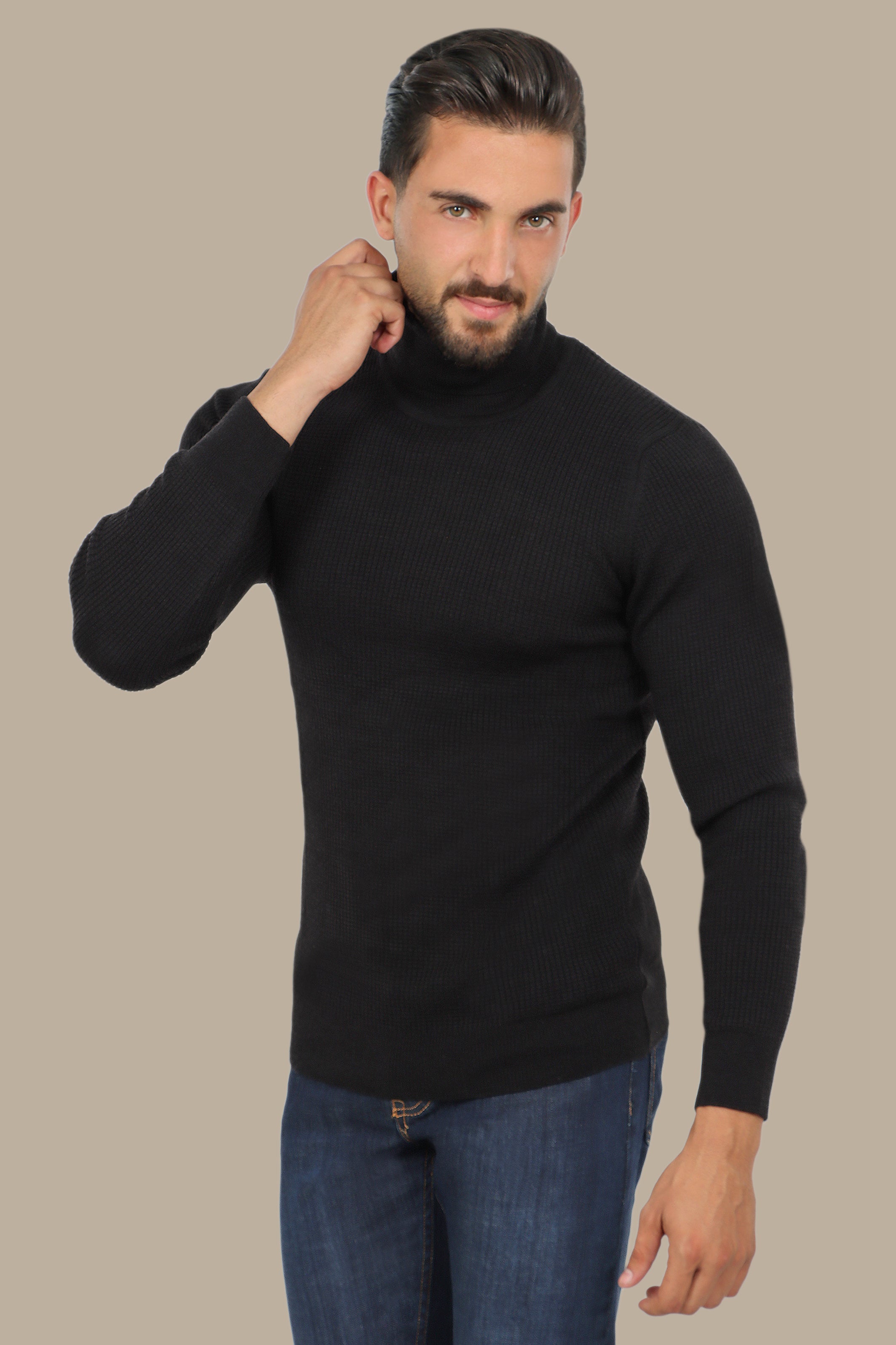 Opulent Noir: Structured Black Turtle Neck Sweater