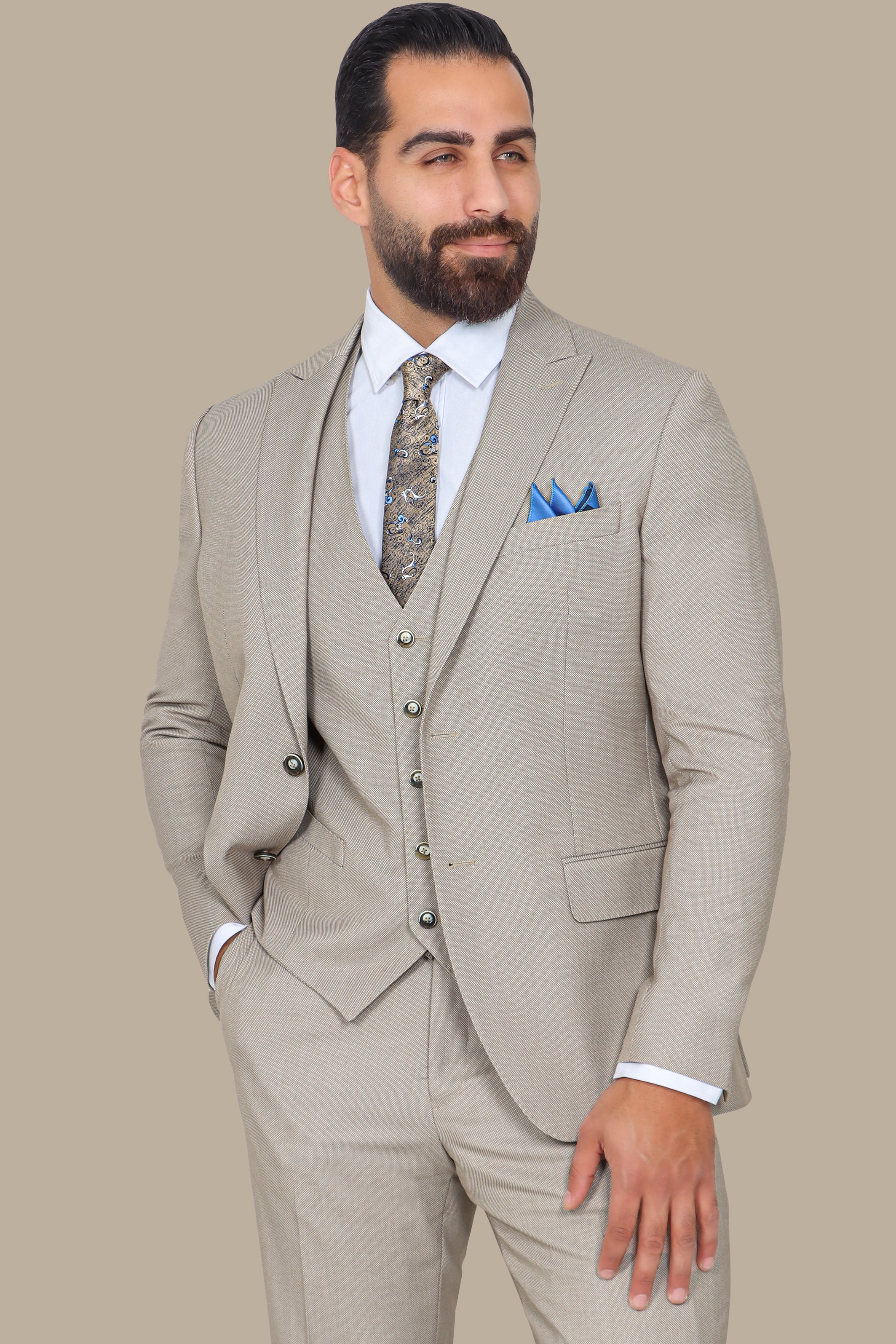 Suit Piquet Peak Lapel 3-Piece Beige