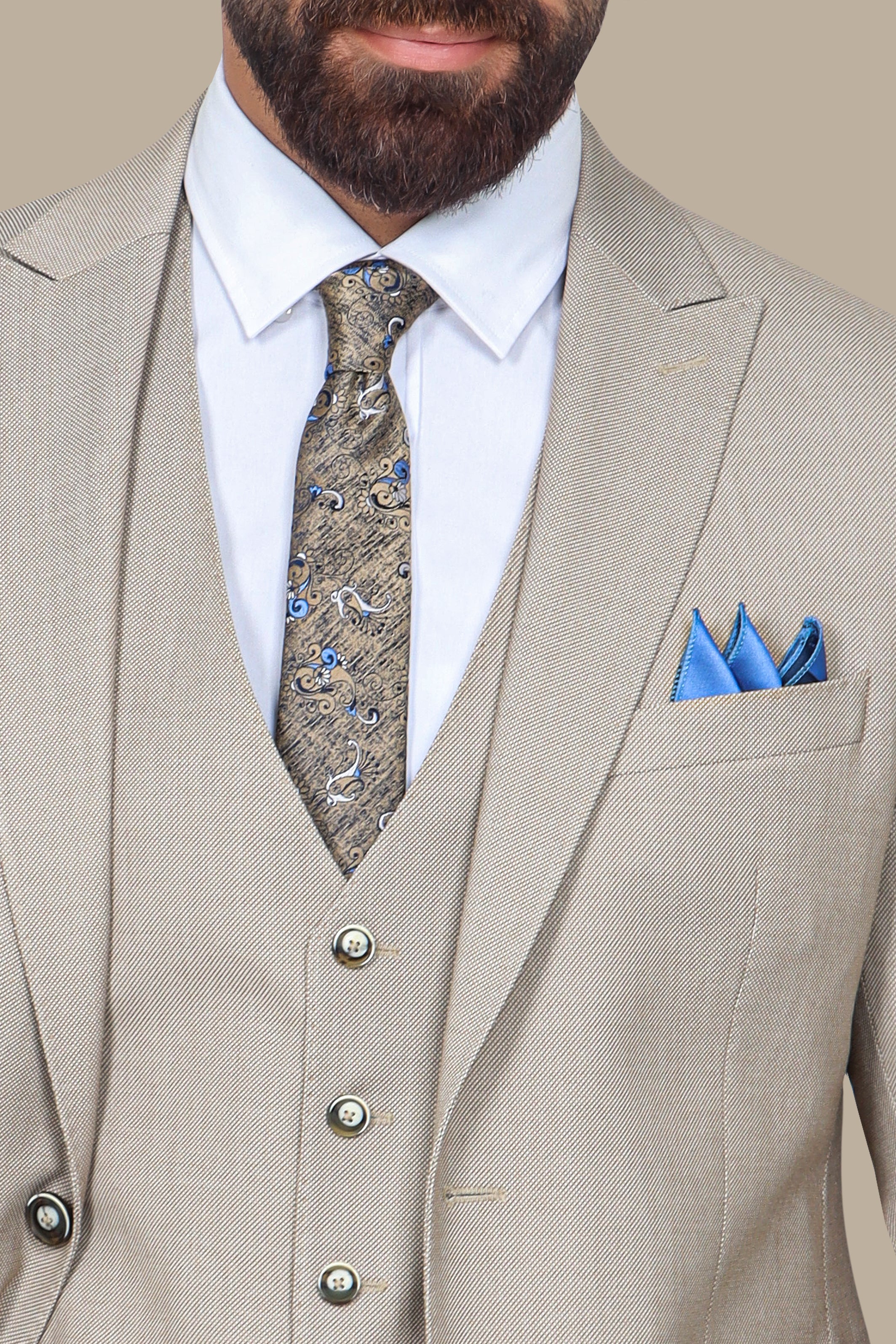 Suit Piquet Peak Lapel 3-Piece Beige