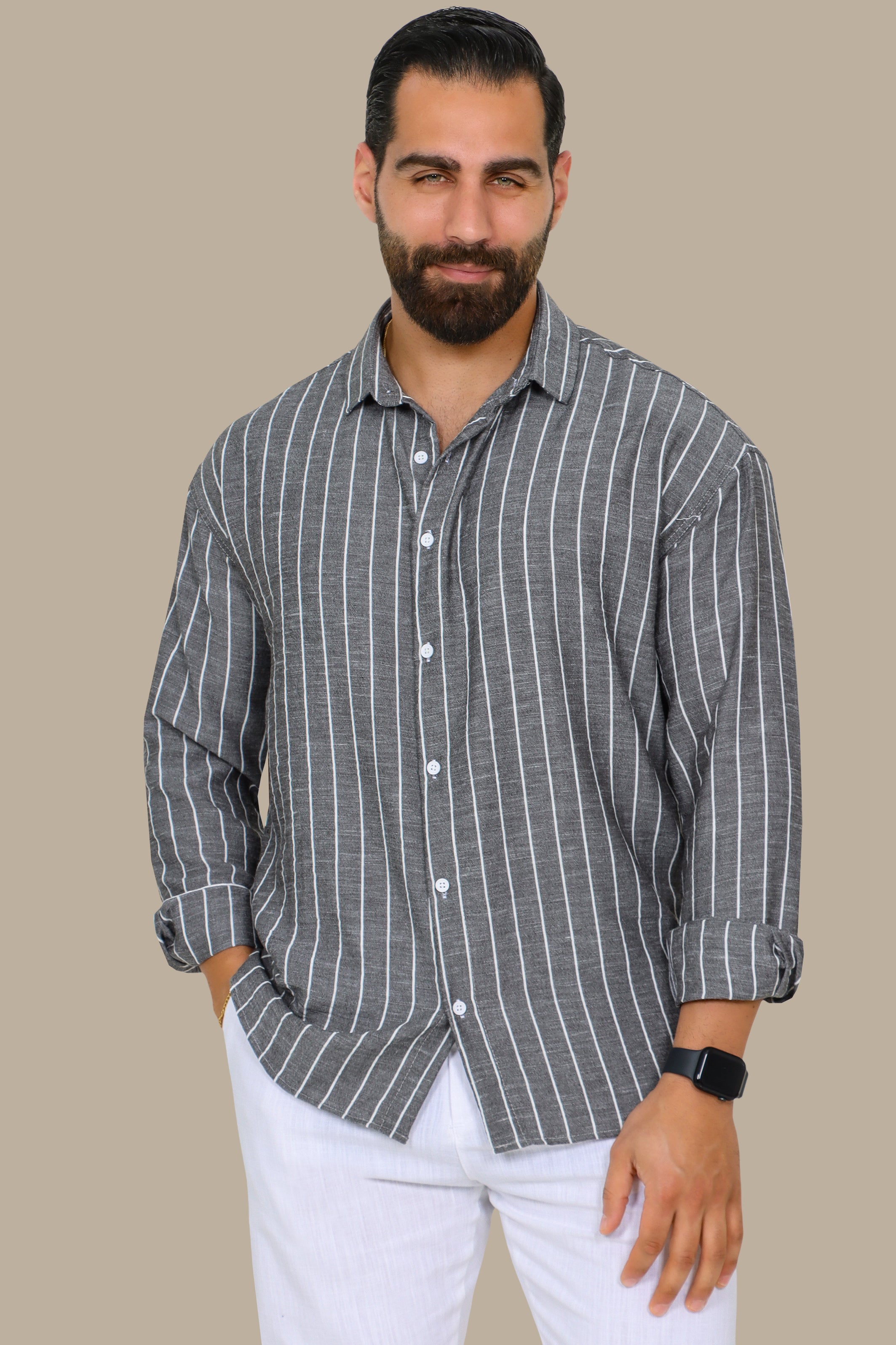 Grey Striped Linen Shirt with Long Sleeves