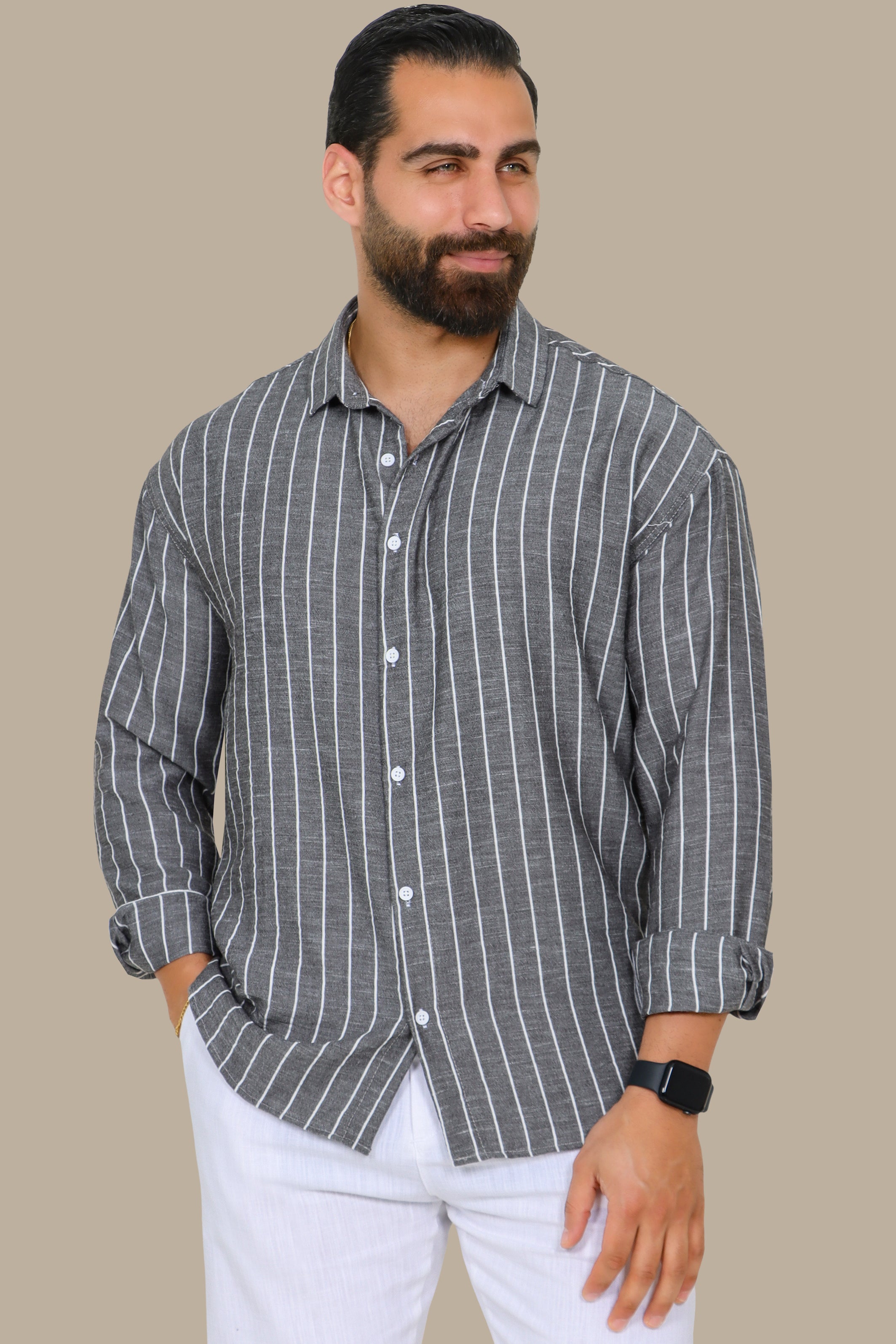 Grey Striped Linen Shirt with Long Sleeves