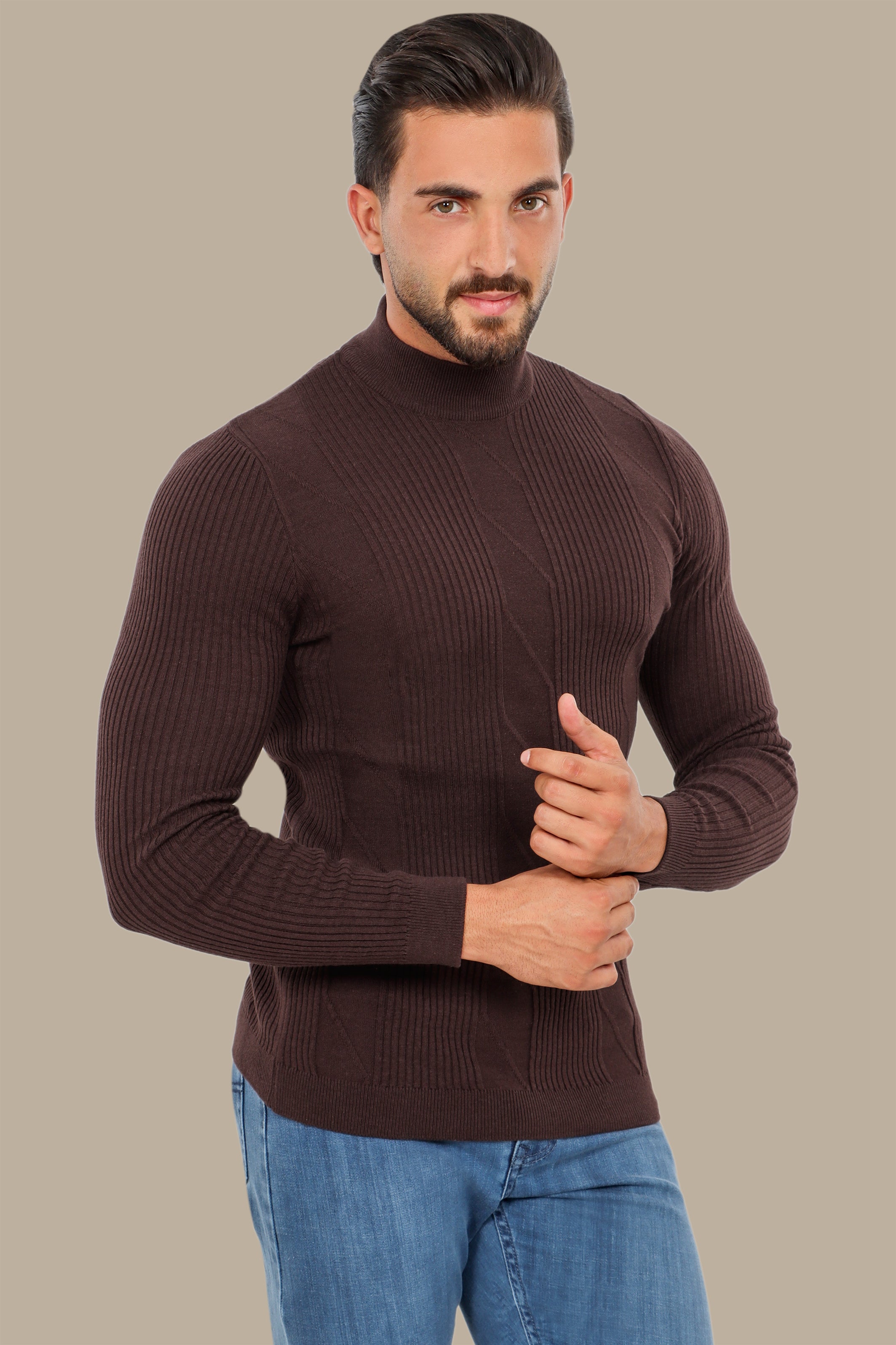 Ribbed Brown High Neck Sweater