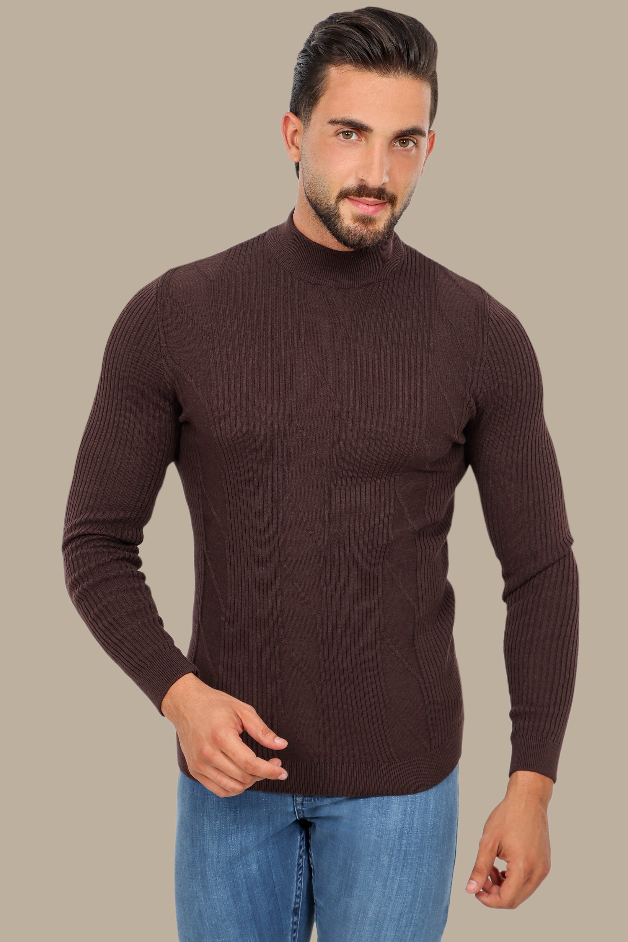 Ribbed Brown High Neck Sweater