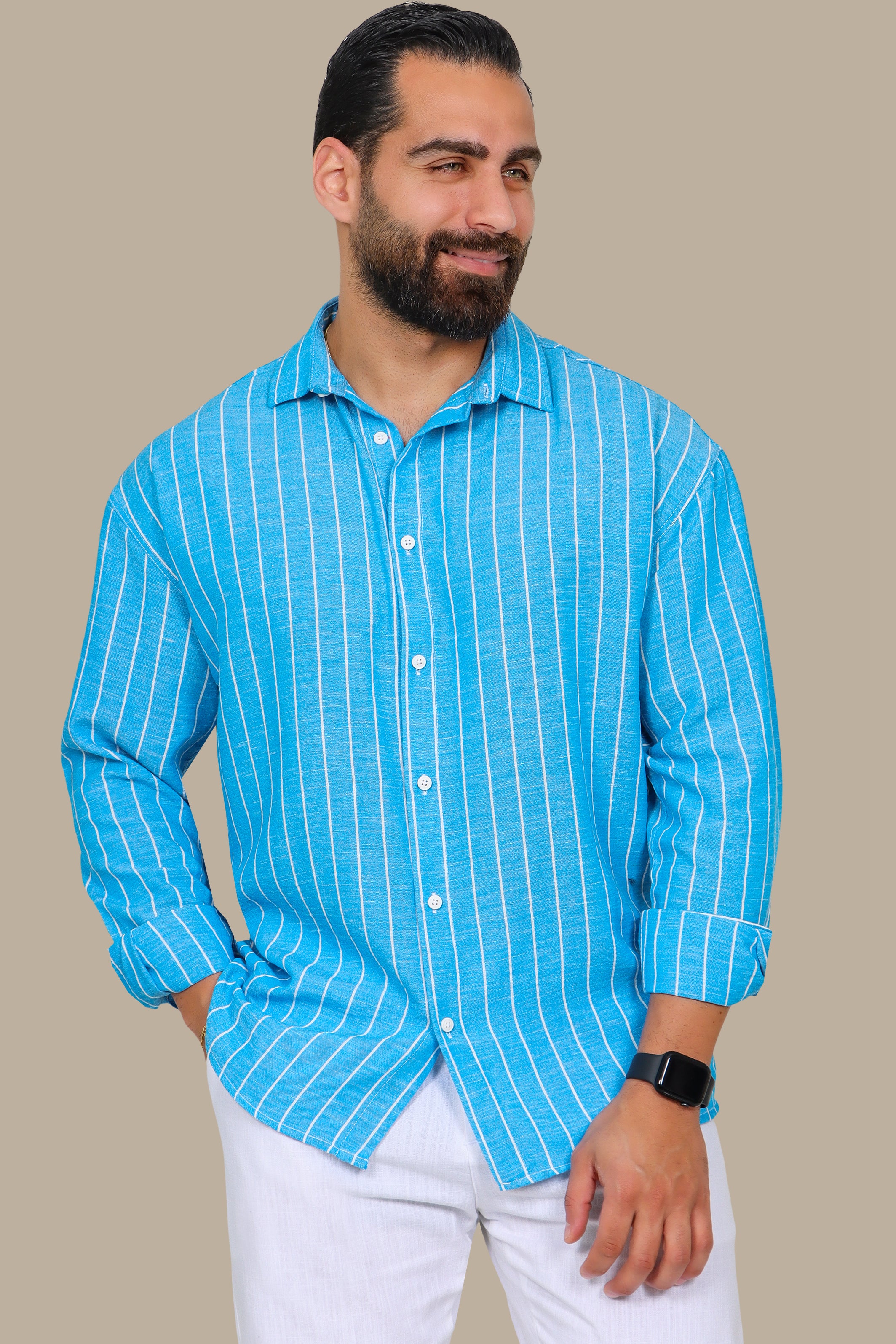 Turquoise Striped Linen Shirt with Long Sleeves