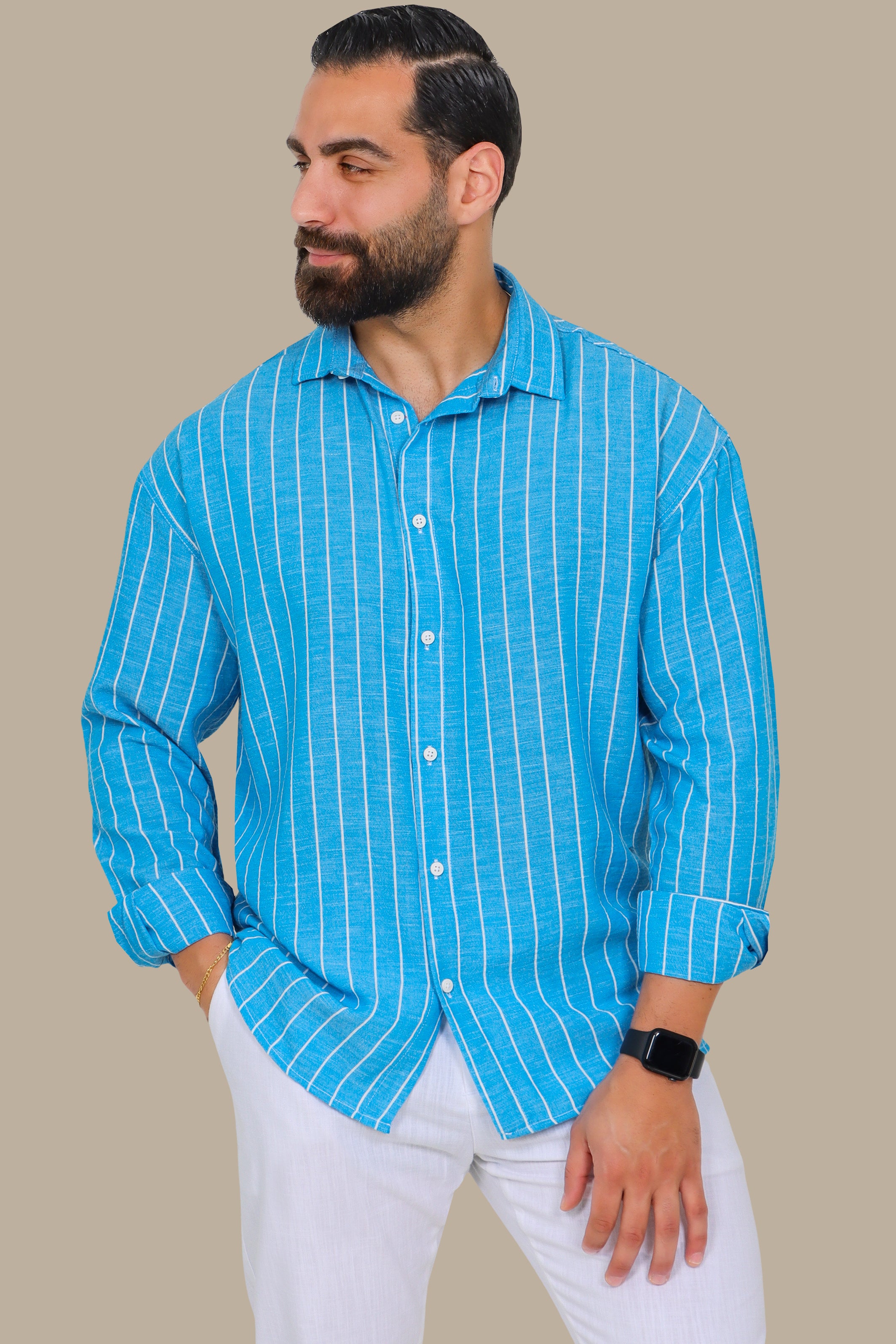 Turquoise Striped Linen Shirt with Long Sleeves