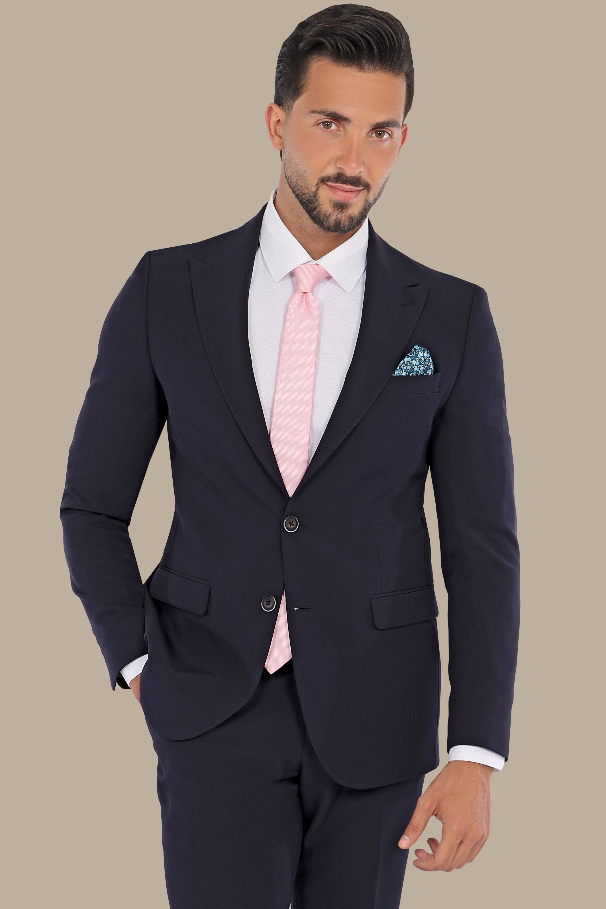 Navy Peak Lapel Suit with Side Belt Pants